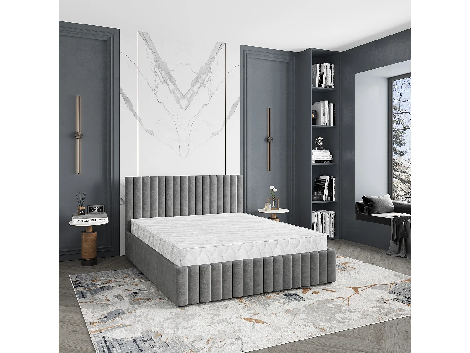Gestoffeerd bed CARMIA 140x200 cm - Pluche stof - Grijs