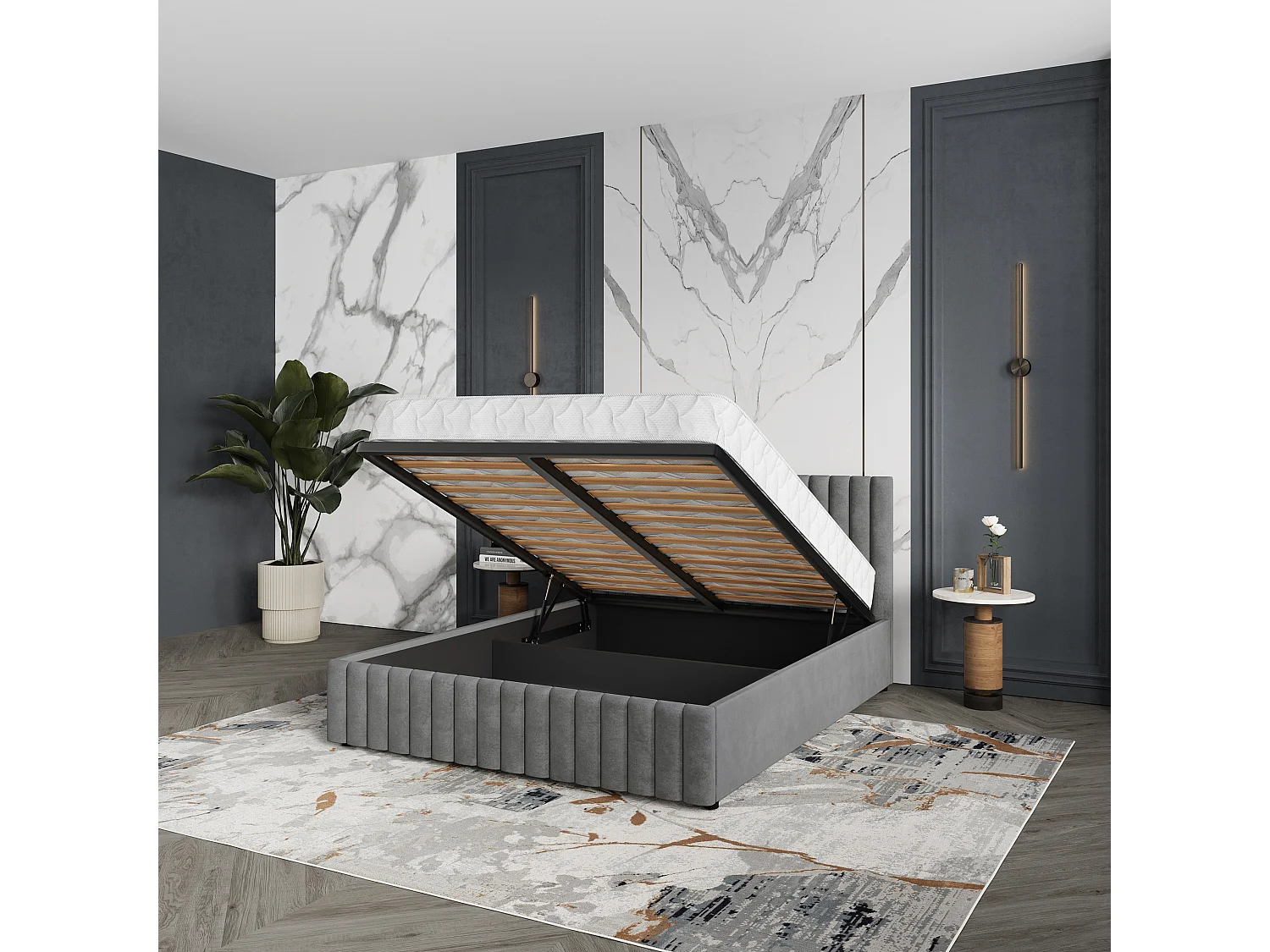 Gestoffeerd bed CARMIA 140x200 cm - Pluche stof - Grijs