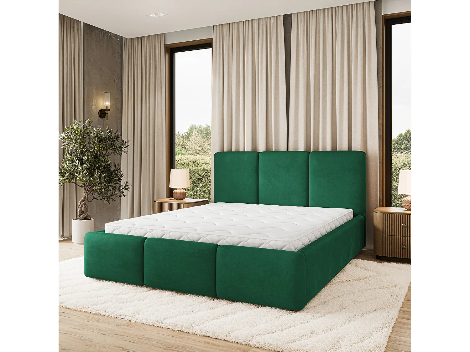 Gestoffeerd bed MORENA 160x200 cm - Fluwelen stof - Flessengroen