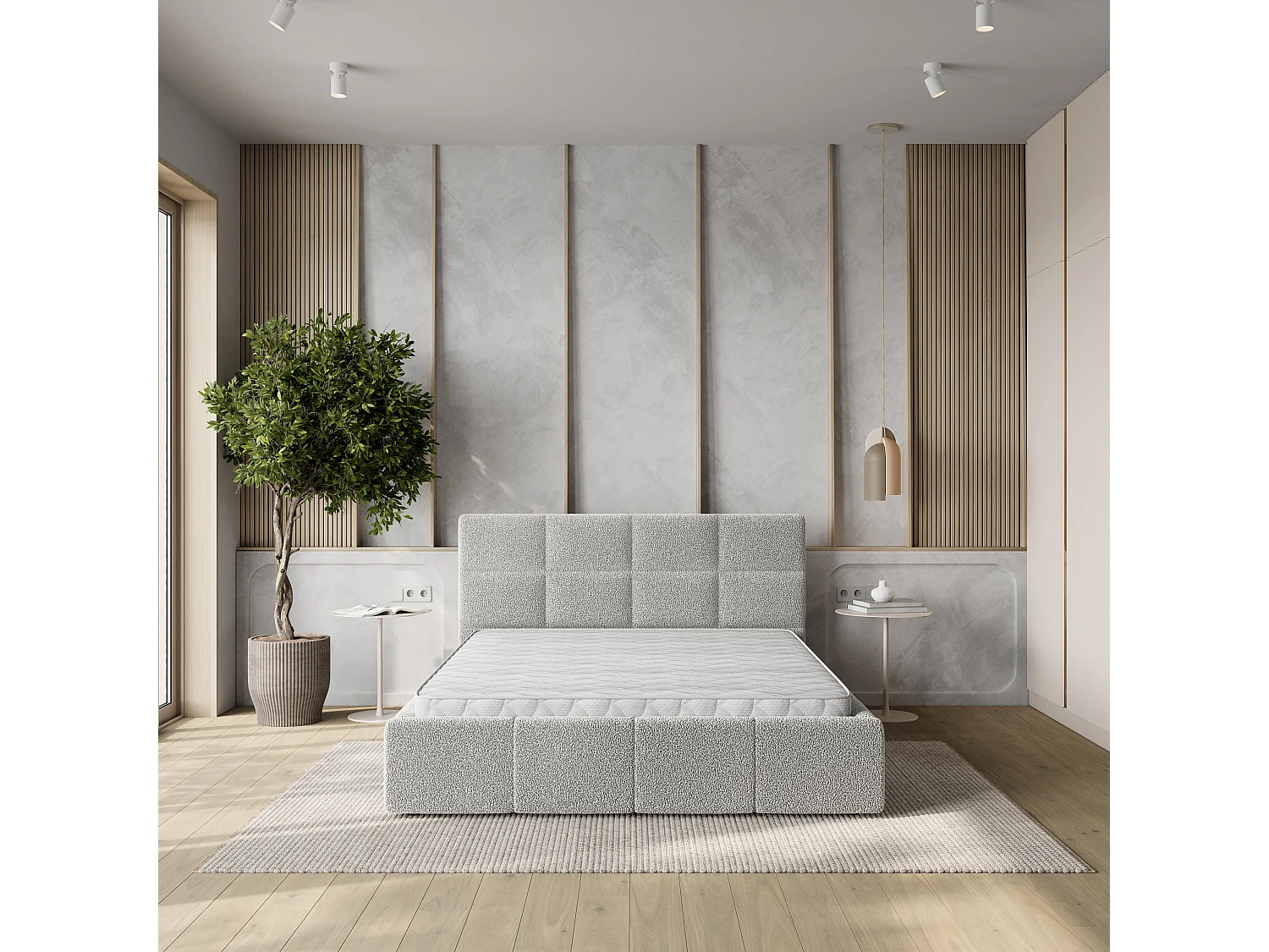 Gestoffeerd bed COMO 180x200 cm - Bouclé stof - Lichtgrijs