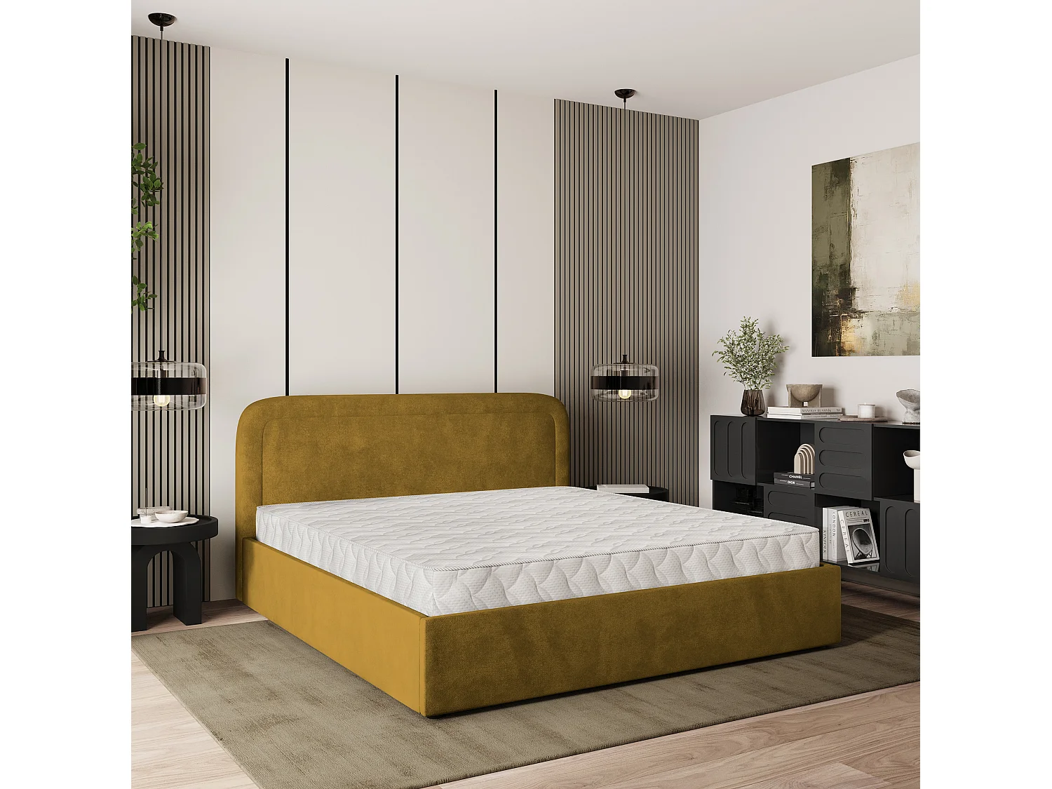 Lit Coffre BENIRA 160x200 cm - Tissu peluche - Jaune