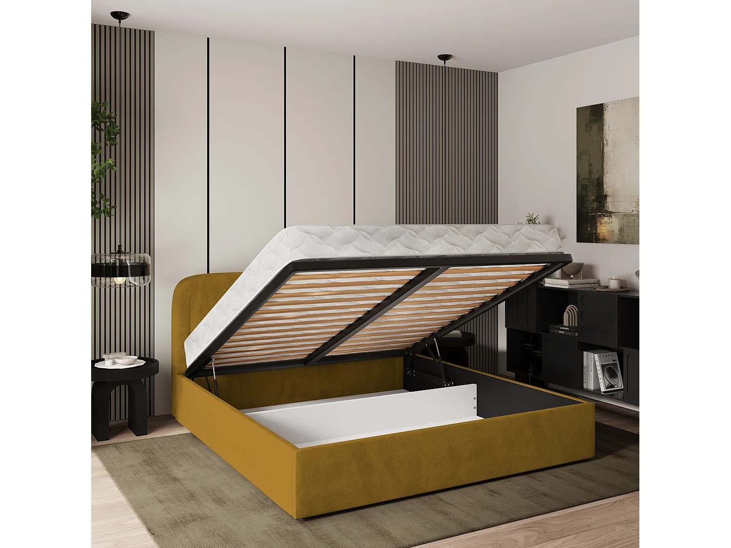 Lit Coffre BENIRA 160x200 cm - Tissu peluche - Jaune