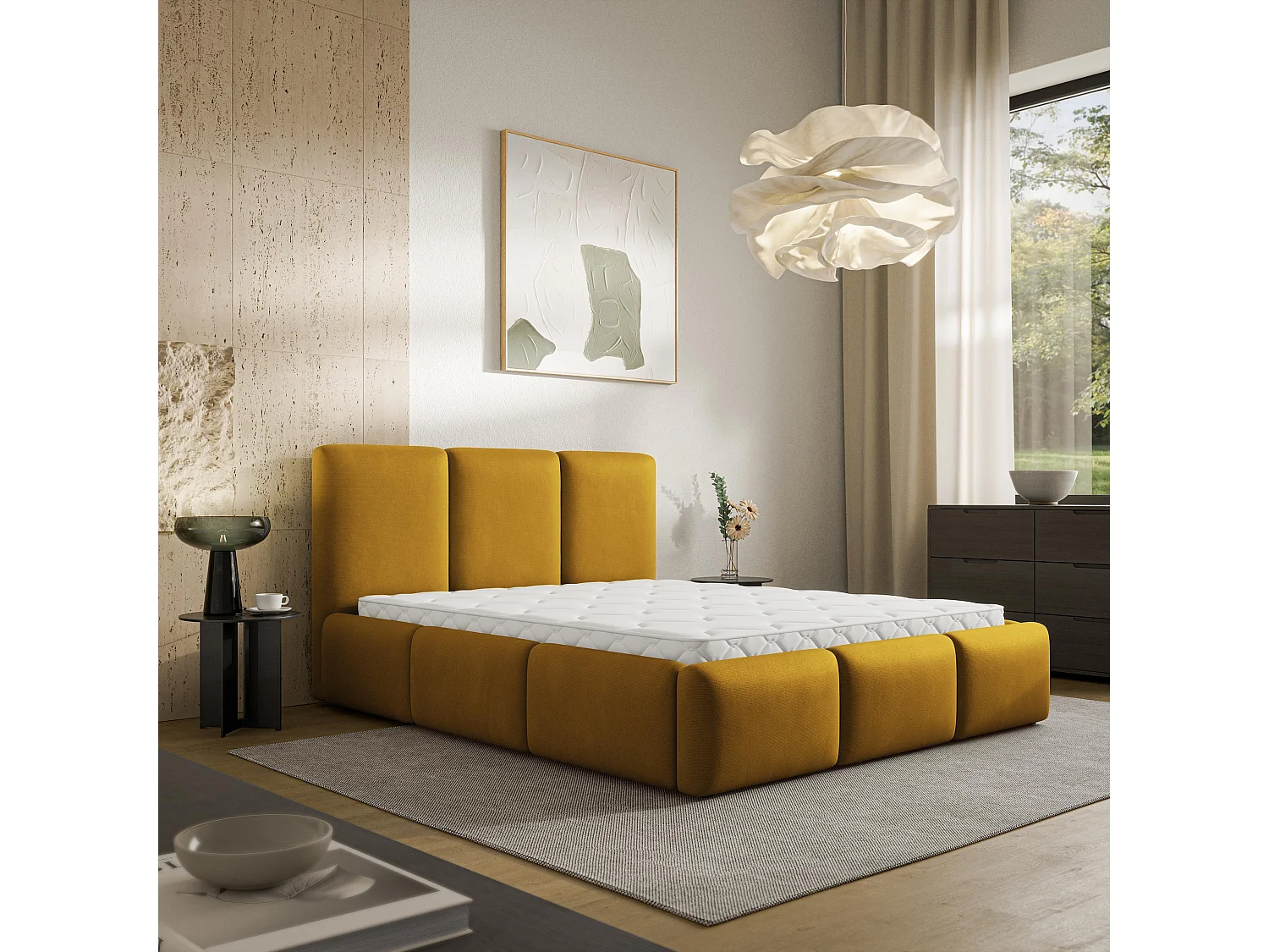 Lit Coffre ARSIL 140x200 cm - Tissu peluche - Jaune