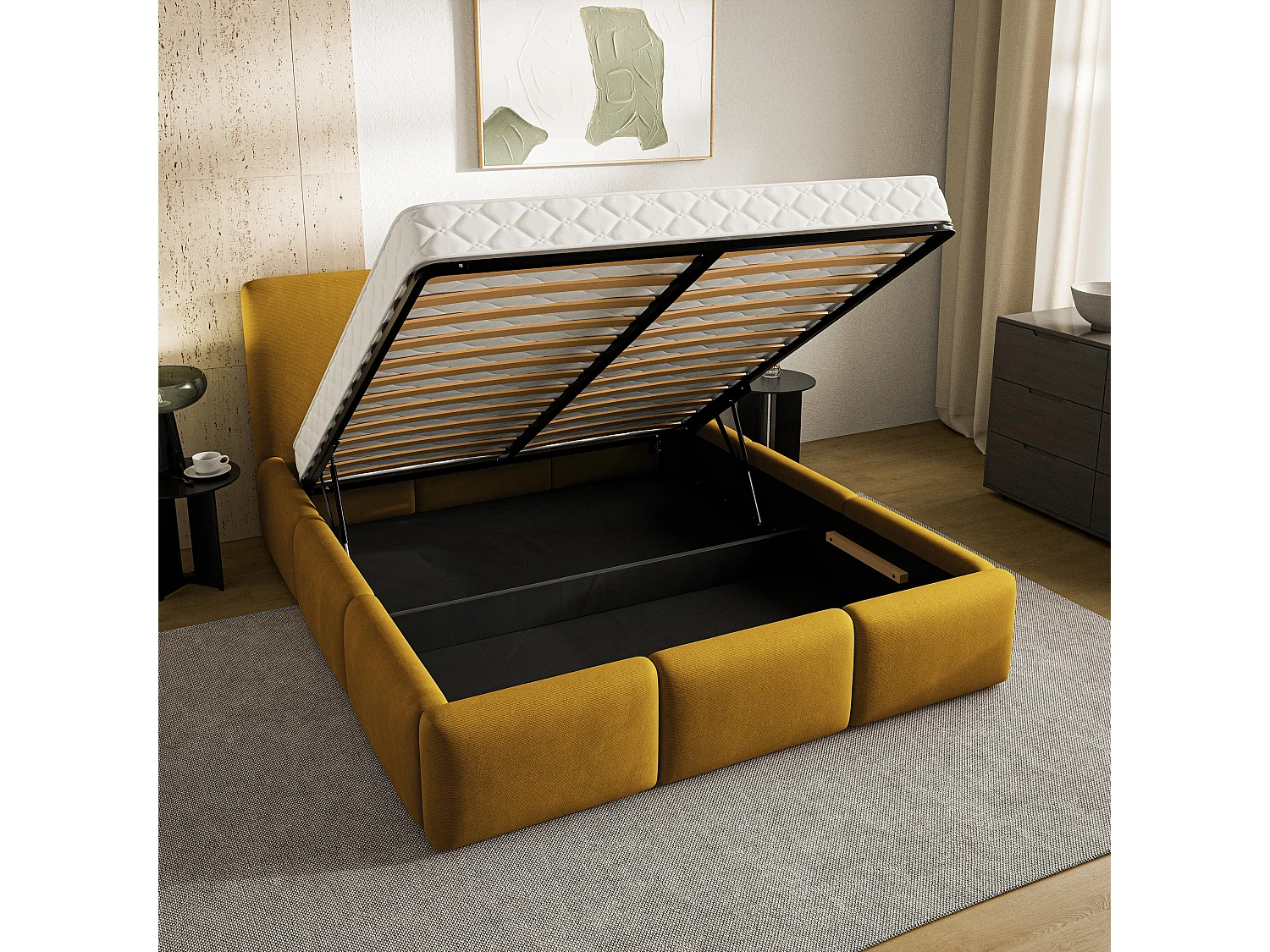 Lit Coffre ARSIL 140x200 cm - Tissu peluche - Jaune