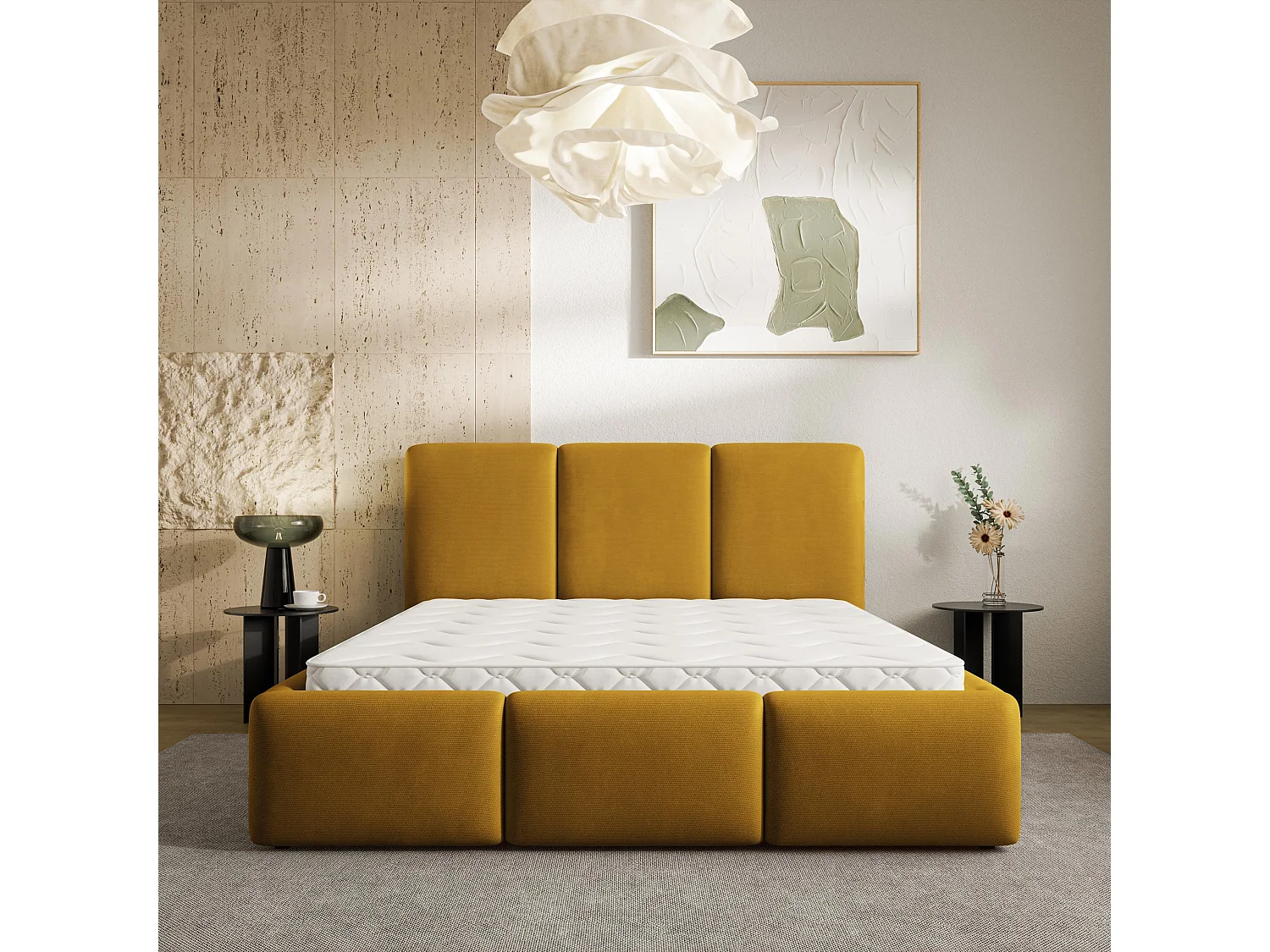 Lit Coffre ARSIL 140x200 cm - Tissu peluche - Jaune