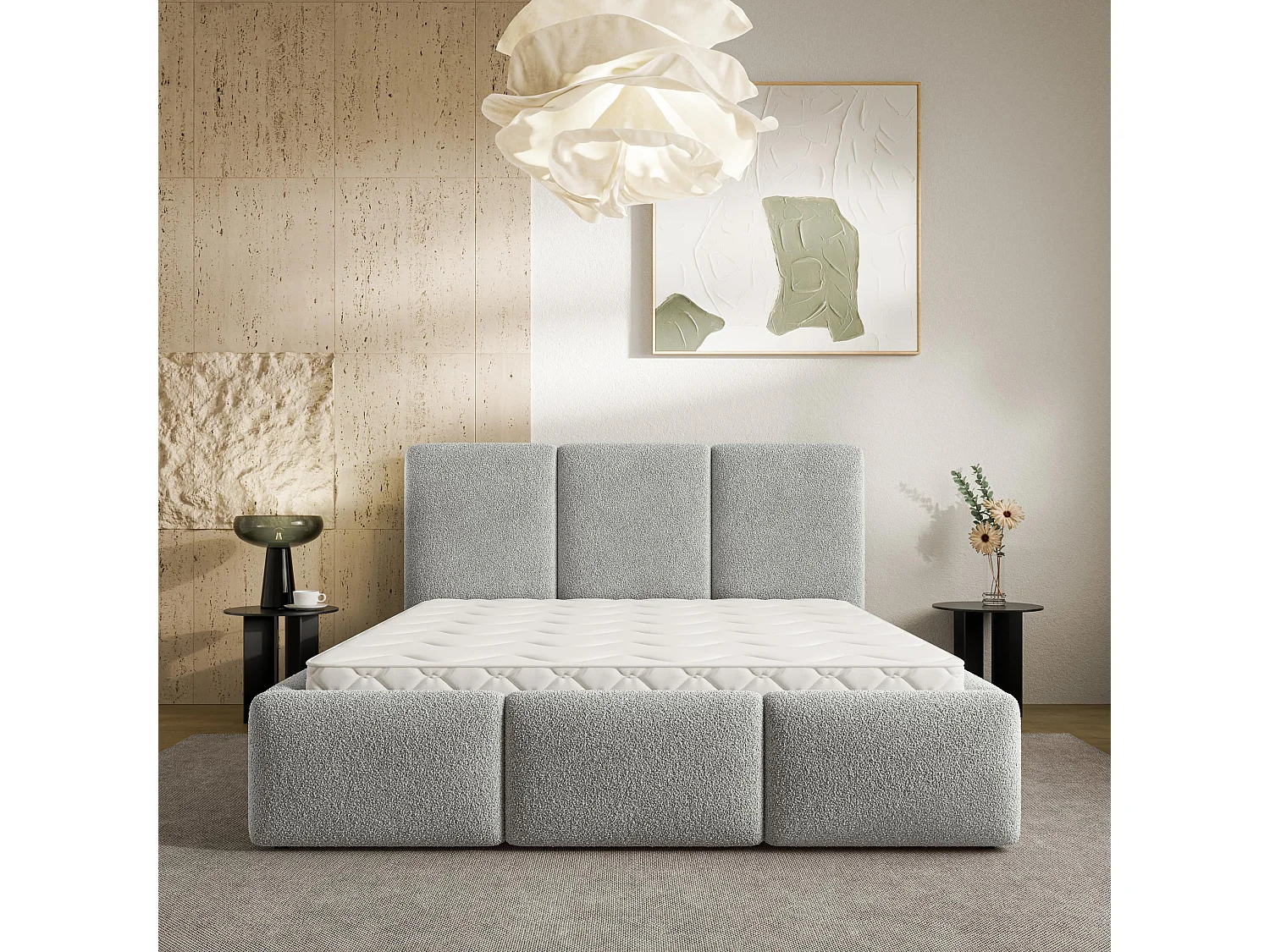Gestoffeerd bed ARSIL 140x200 cm - Bouclé stof - Lichtgrijs