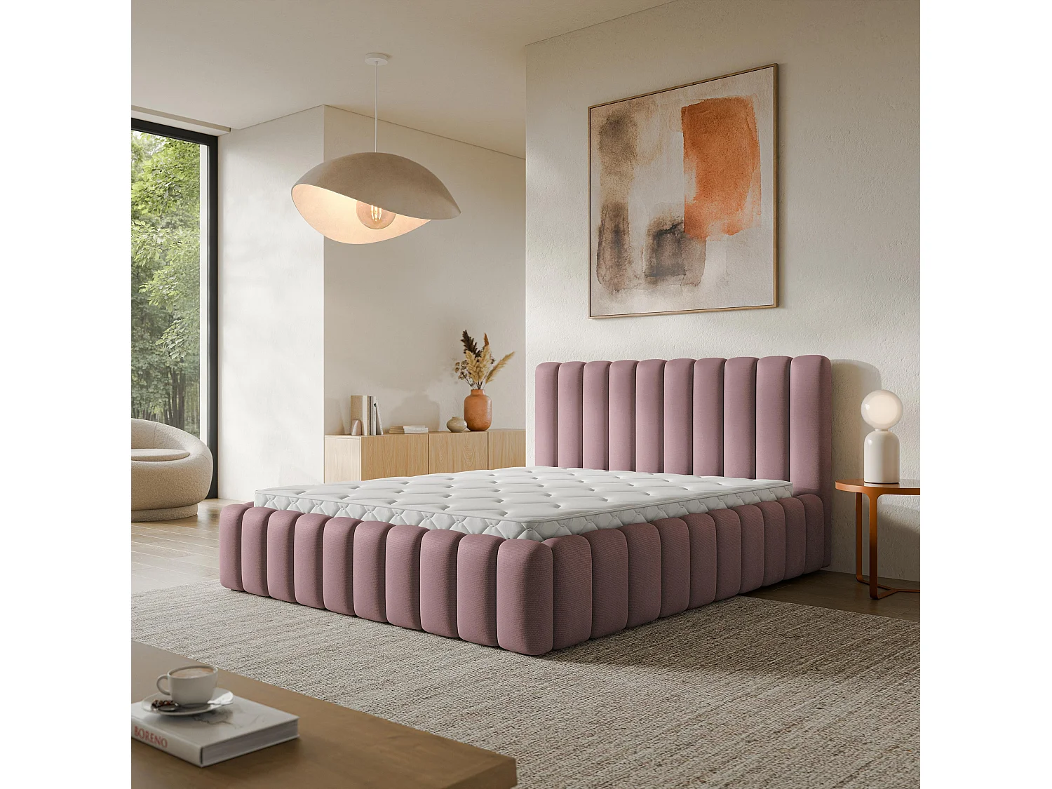 Lit Coffre TEBA 120x200 cm - Tissu peluche - Rose poudré
