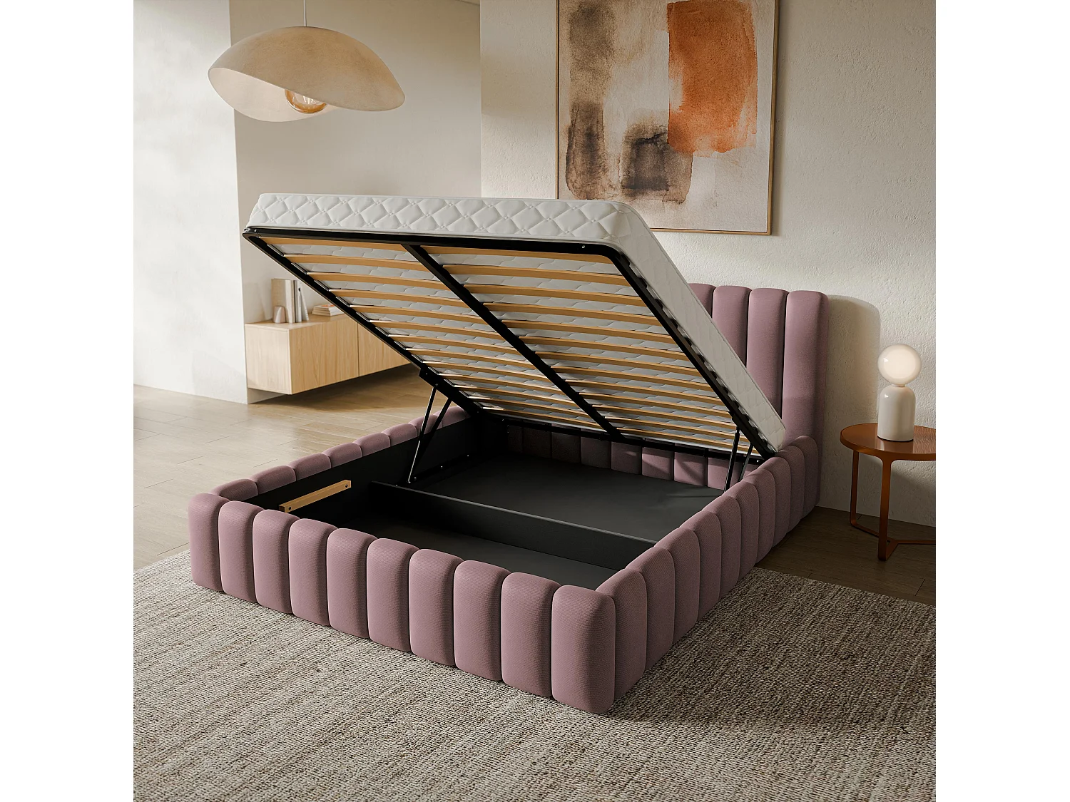 Lit Coffre TEBA 120x200 cm - Tissu peluche - Rose poudré