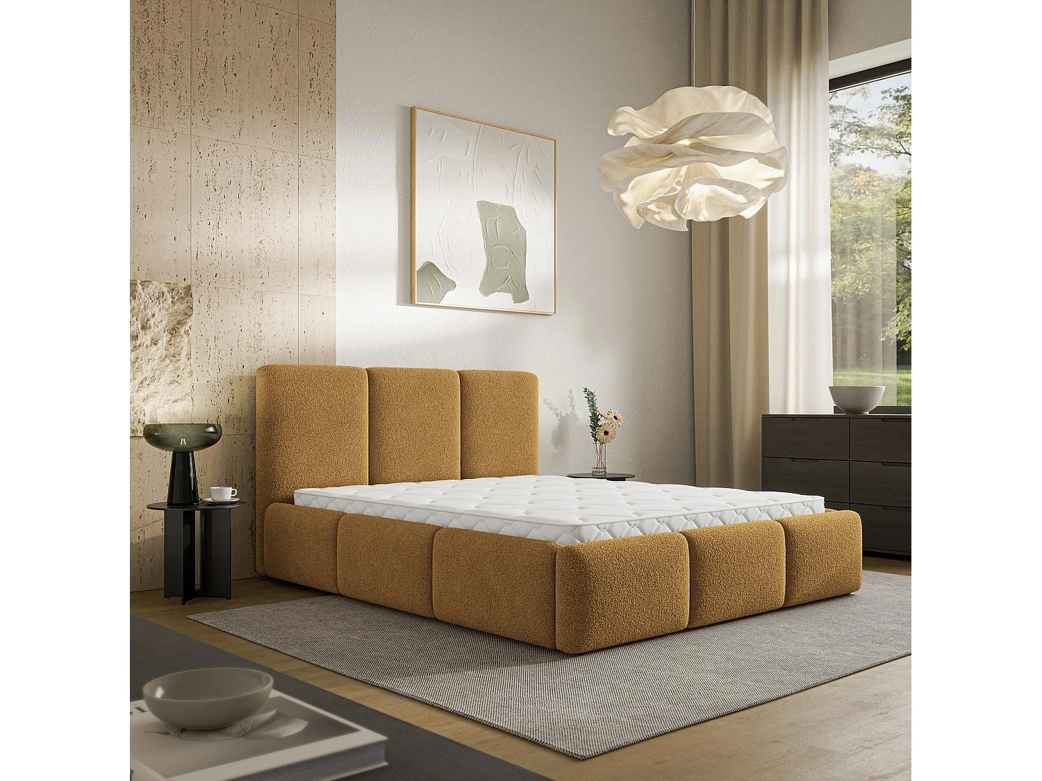 Lit Coffre ARSIL 180x200 cm - Tissu bouclé - Miel