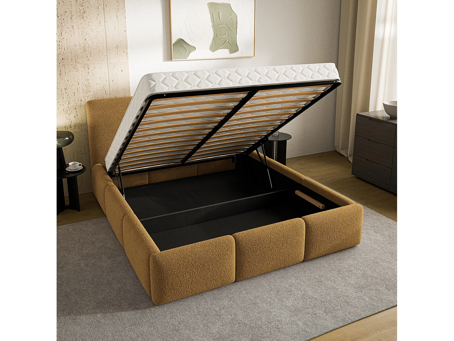 Lit Coffre ARSIL 180x200 cm - Tissu bouclé - Miel