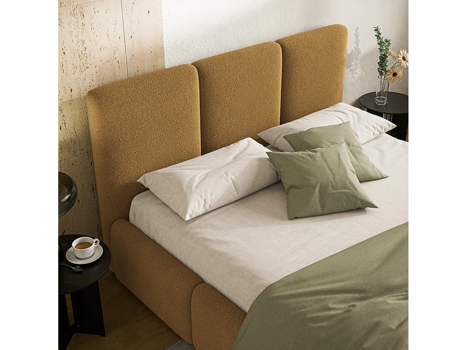 Lit Coffre ARSIL 180x200 cm - Tissu bouclé - Miel