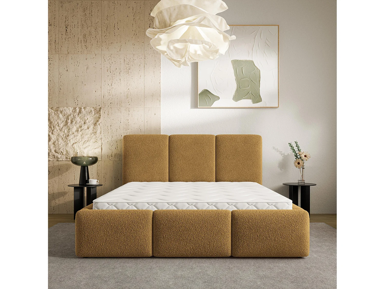 Lit Coffre ARSIL 180x200 cm - Tissu bouclé - Miel