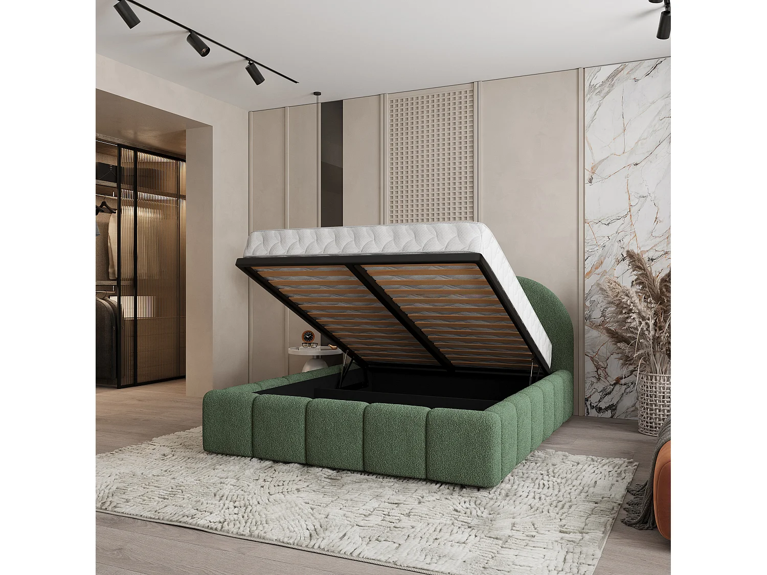 Gestoffeerd bed FLUSSO 160x200 cm - Bouclé stof - Groen