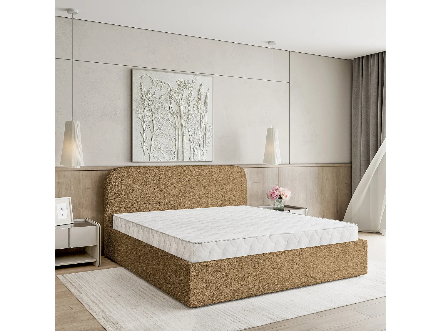 Lit Coffre RENIVE 200x200 cm - Tissu bouclé - Miel