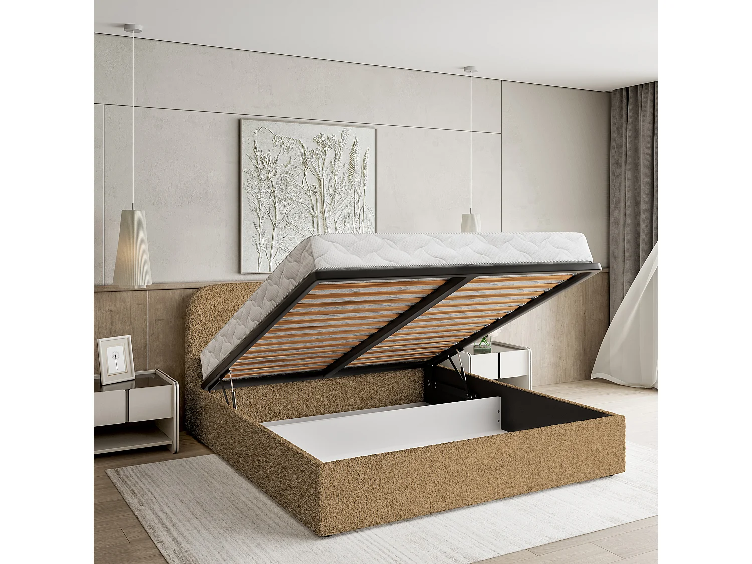 Lit Coffre RENIVE 200x200 cm - Tissu bouclé - Miel