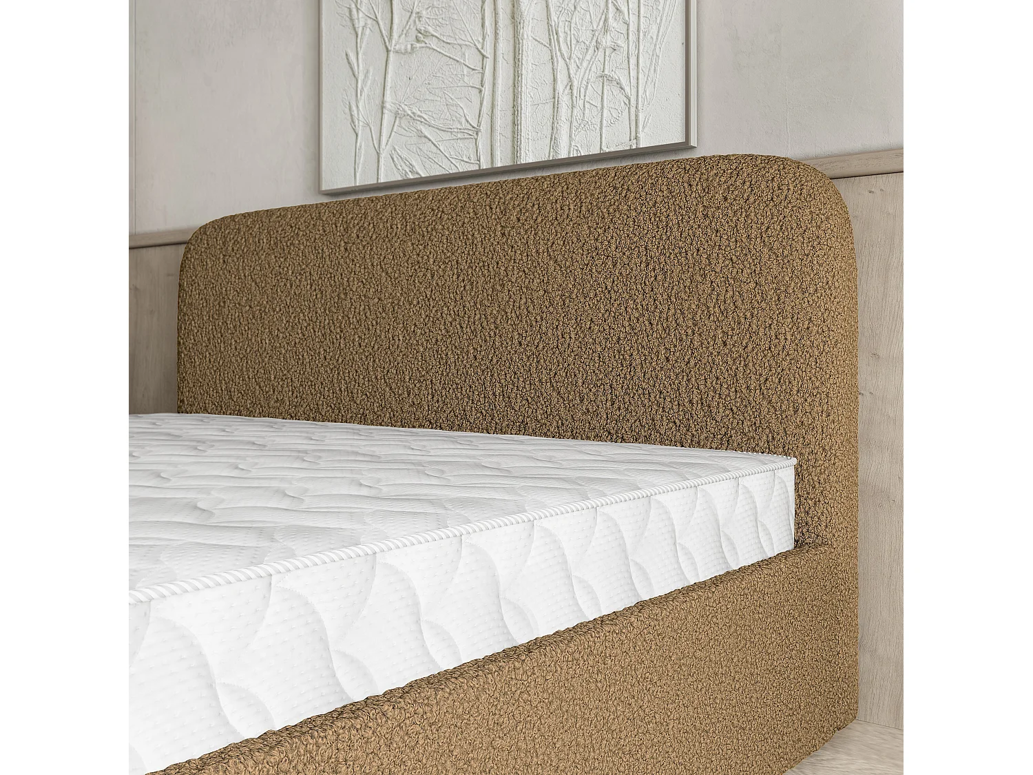 Lit Coffre RENIVE 200x200 cm - Tissu bouclé - Miel