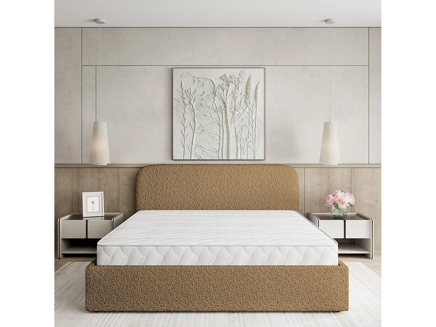 Lit Coffre RENIVE 200x200 cm - Tissu bouclé - Miel