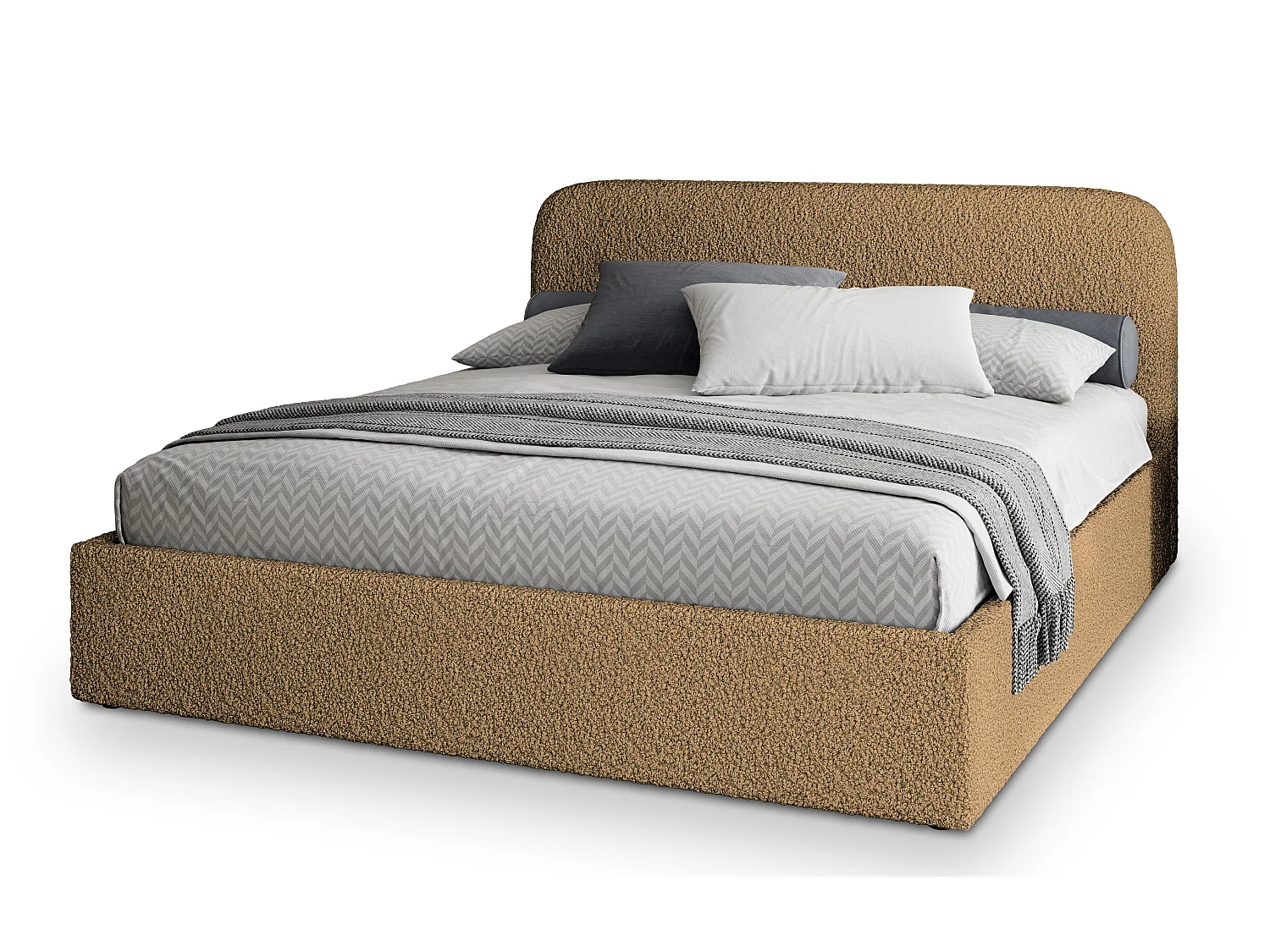 Lit Coffre RENIVE 200x200 cm - Tissu bouclé - Miel
