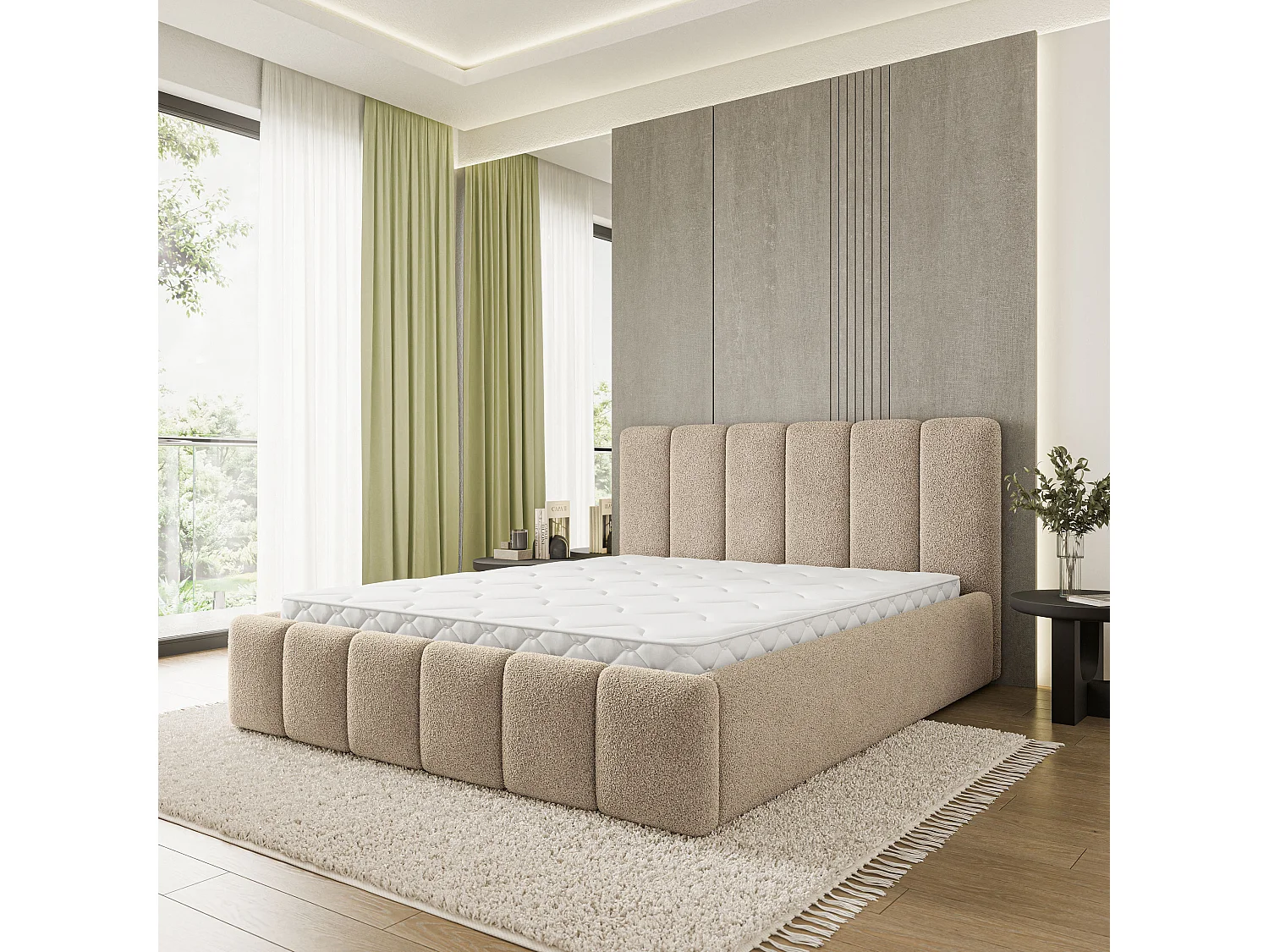 Gestoffeerd bed ATTORA 180x200 cm - Bouclé stof - Beige