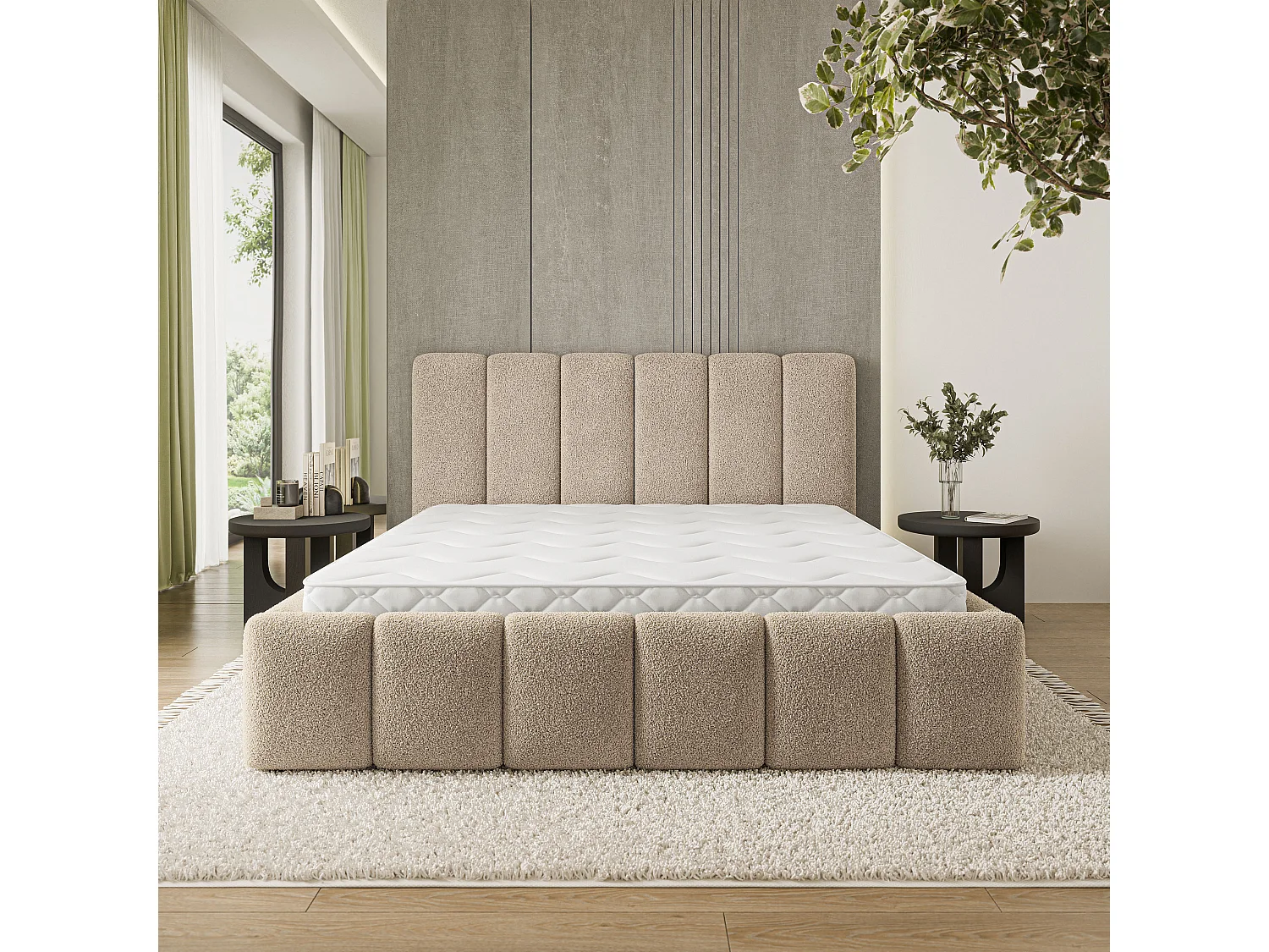 Gestoffeerd bed ATTORA 180x200 cm - Bouclé stof - Beige