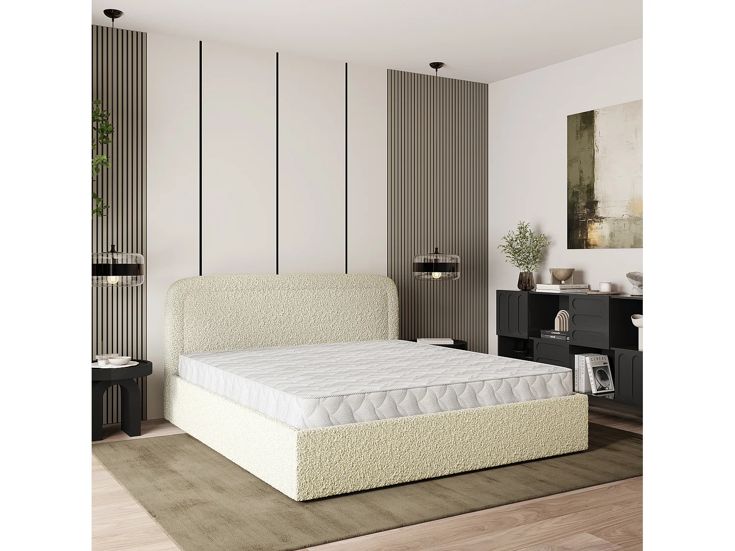Gestoffeerd bed BENIRA 200x200 cm - Bouclé stof - Crème