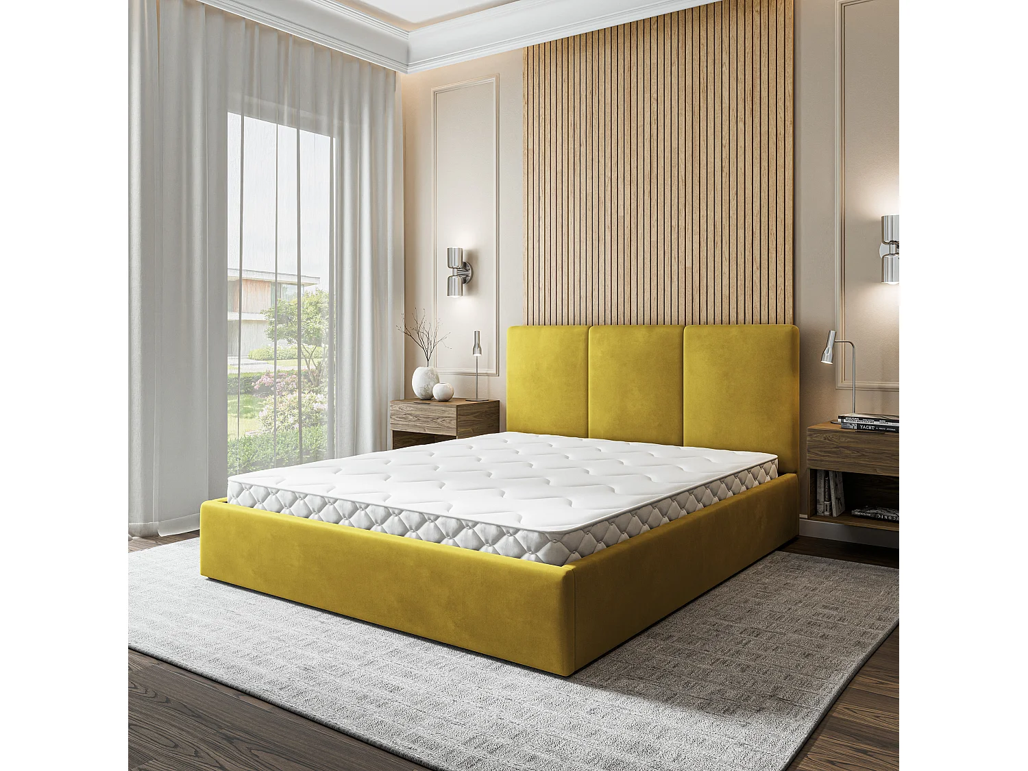 Lit Coffre AZURI 160x200 cm - Tissu velours - Jaune