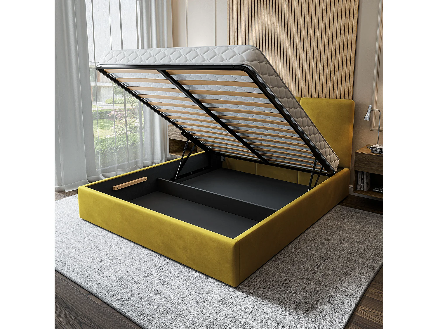 Lit Coffre AZURI 160x200 cm - Tissu velours - Jaune