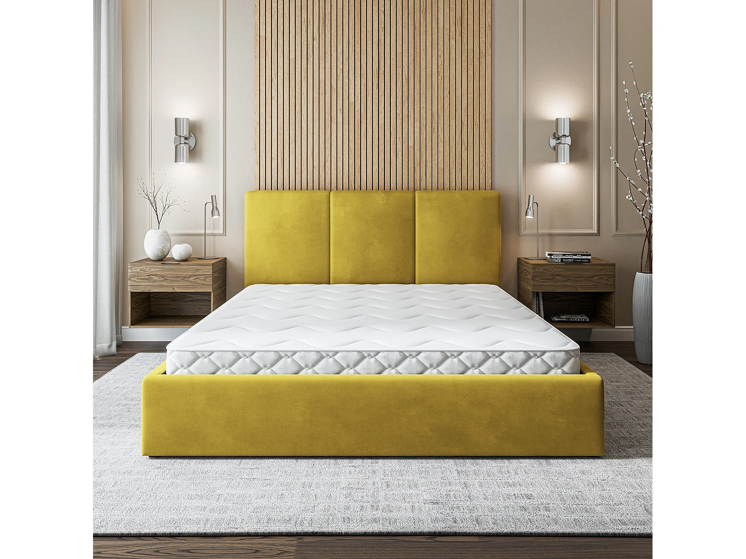 Lit Coffre AZURI 160x200 cm - Tissu velours - Jaune