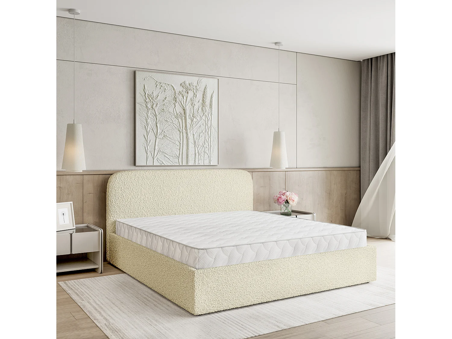 Gestoffeerd bed RENIVE 180x200 cm - Bouclé stof - Crème