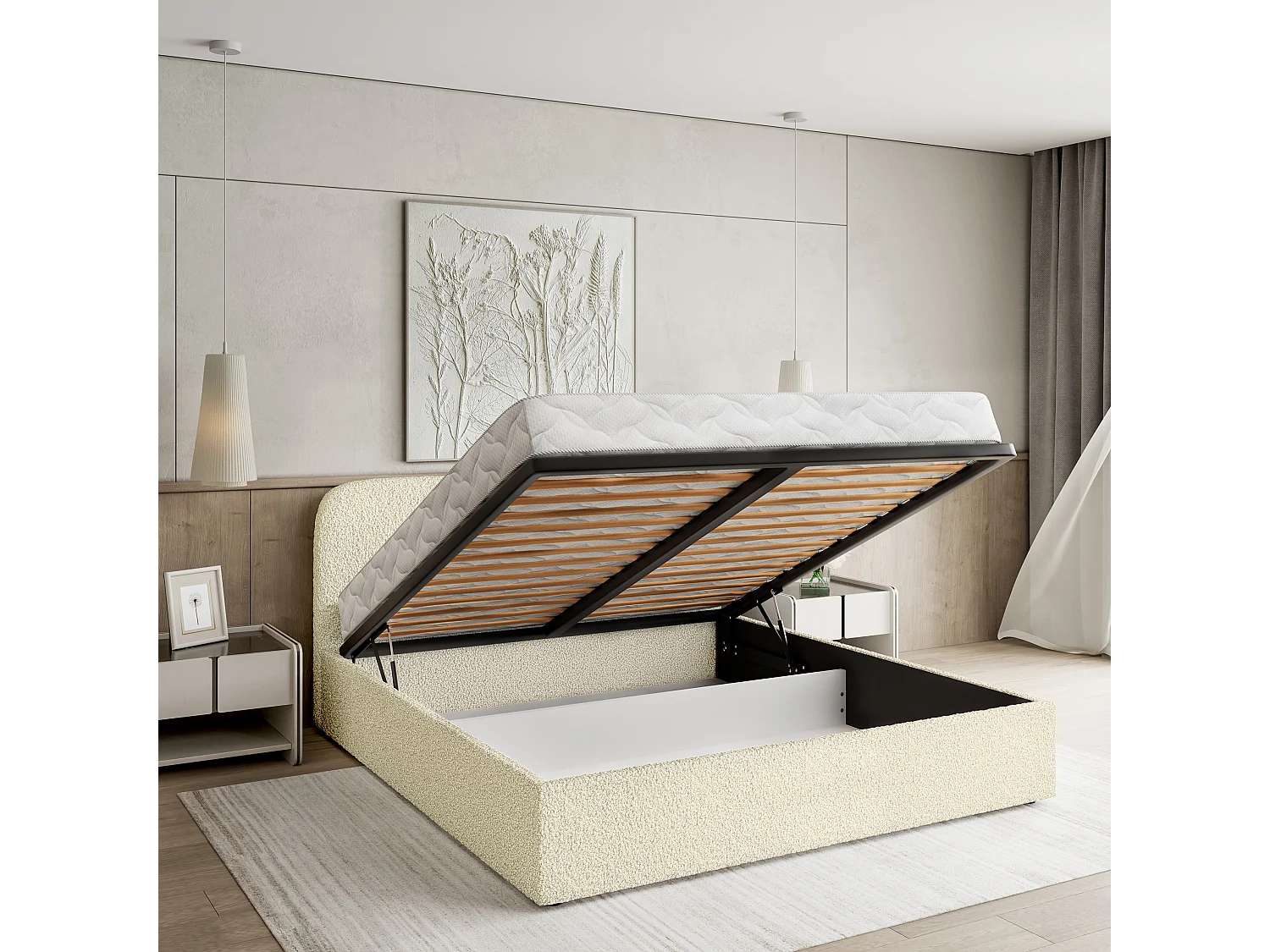Gestoffeerd bed RENIVE 180x200 cm - Bouclé stof - Crème