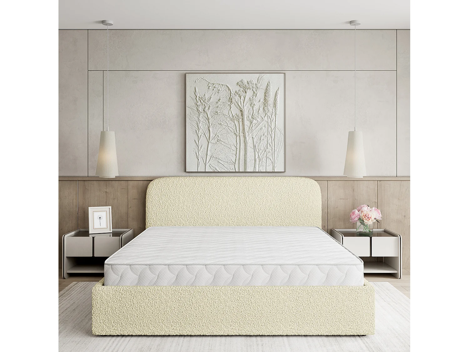 Gestoffeerd bed RENIVE 180x200 cm - Bouclé stof - Crème