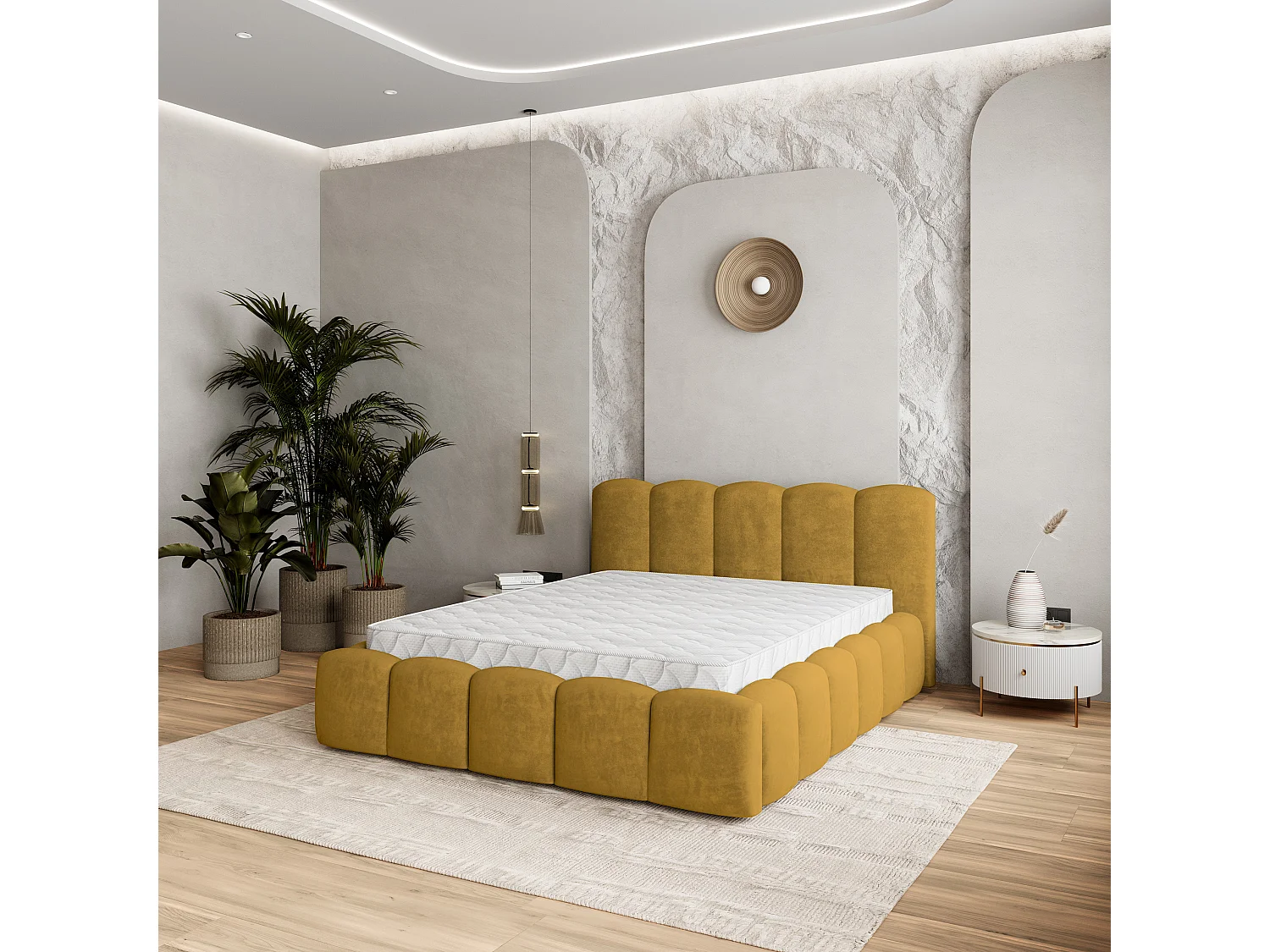 Lit Coffre FALINA 180x200 cm - Tissu peluche - Jaune