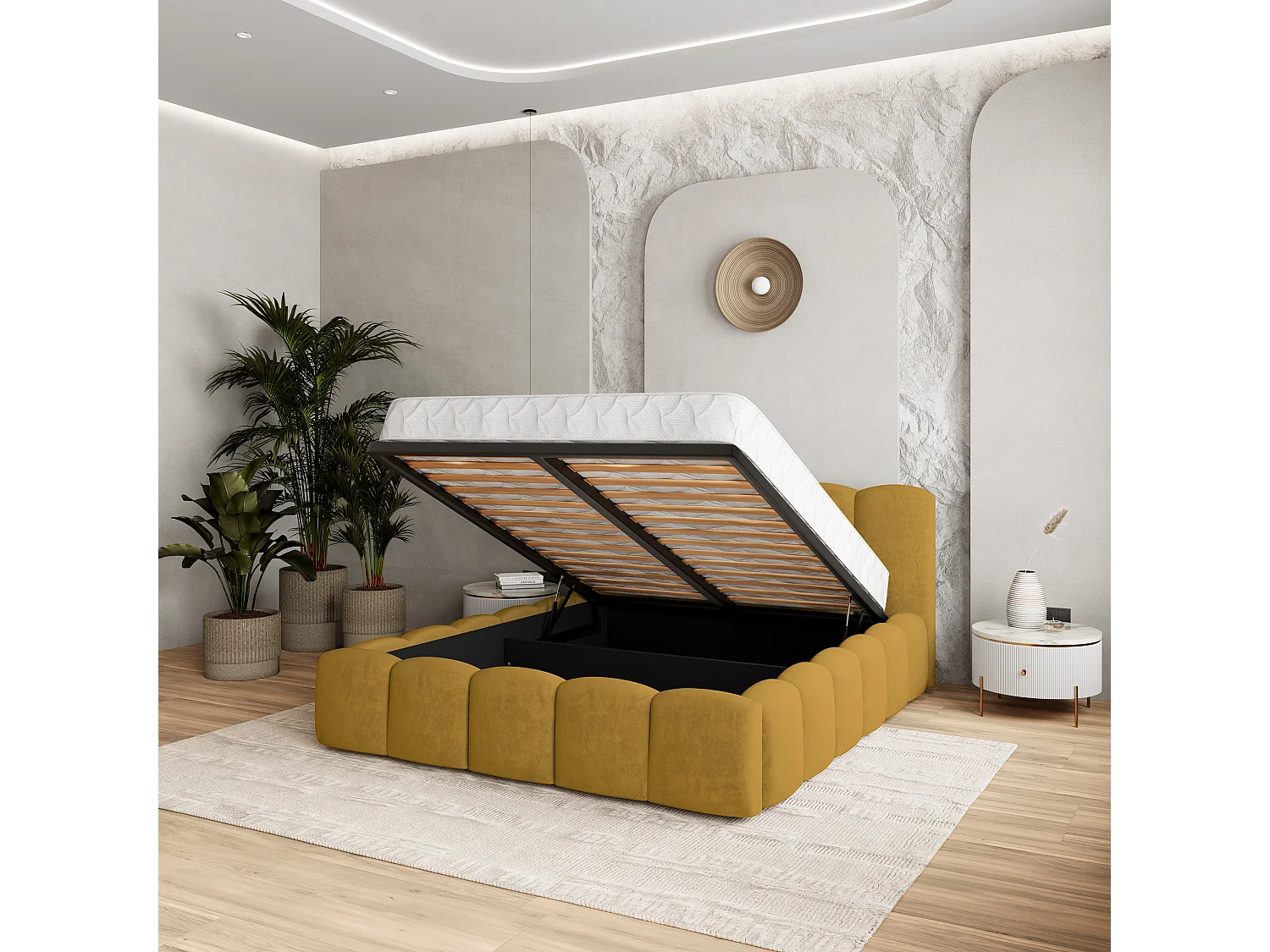 Lit Coffre FALINA 180x200 cm - Tissu peluche - Jaune
