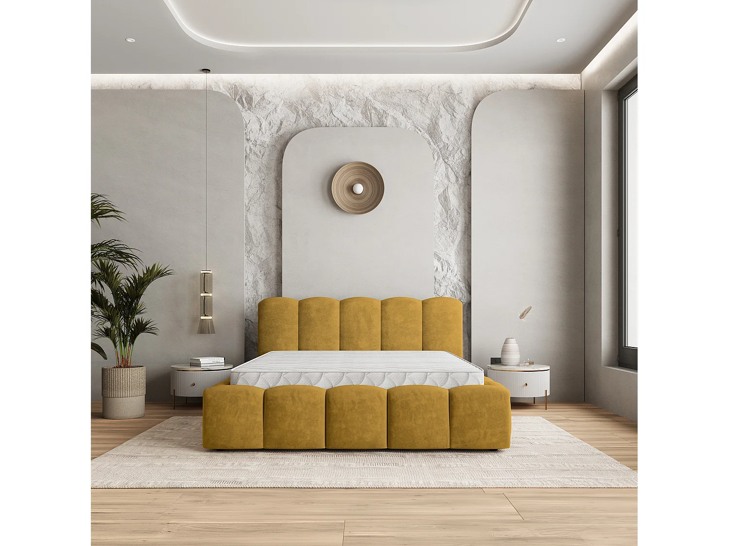 Lit Coffre FALINA 180x200 cm - Tissu peluche - Jaune