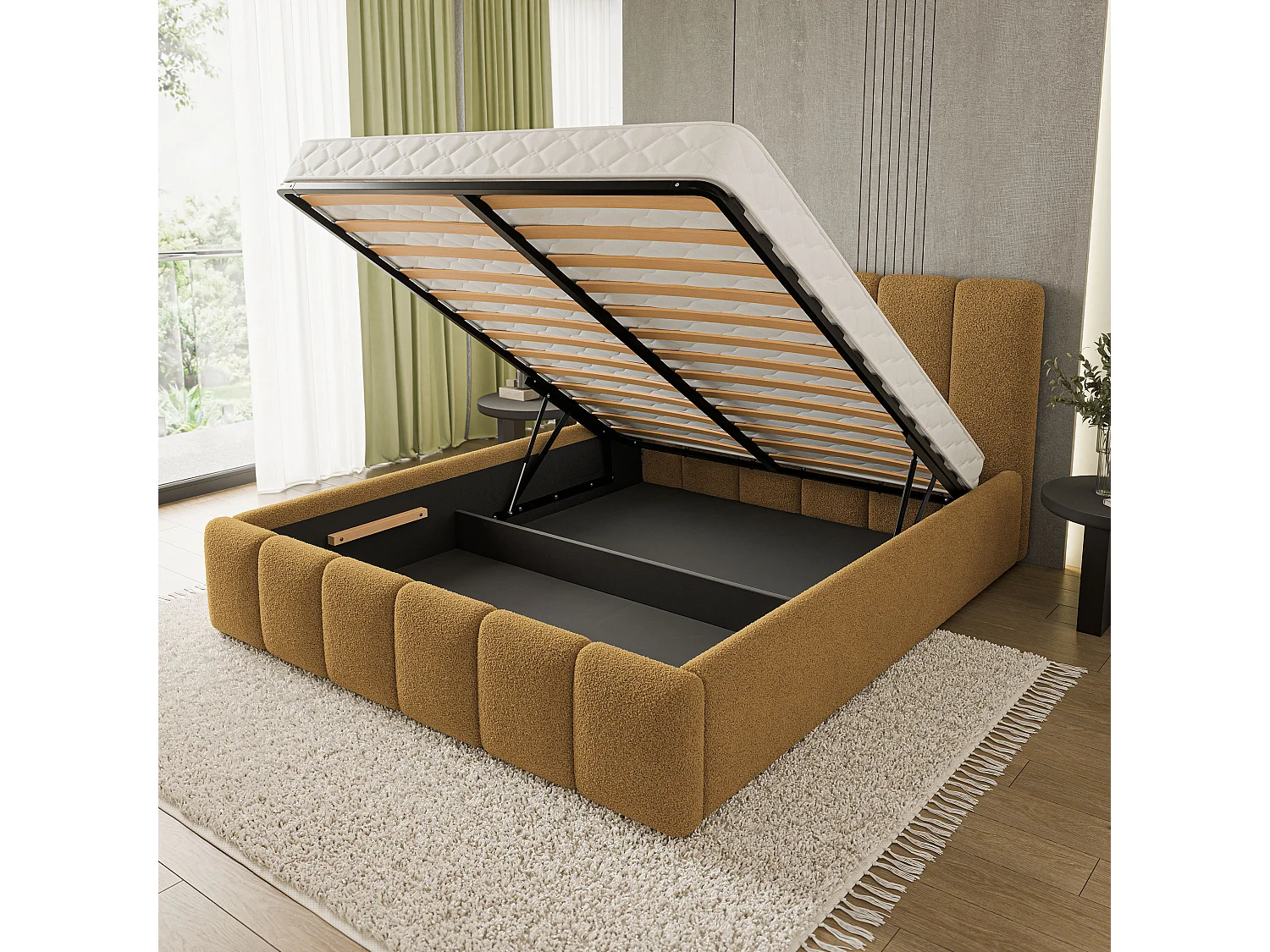 Lit Coffre ATTORA 200x200 cm - Tissu bouclé - Miel