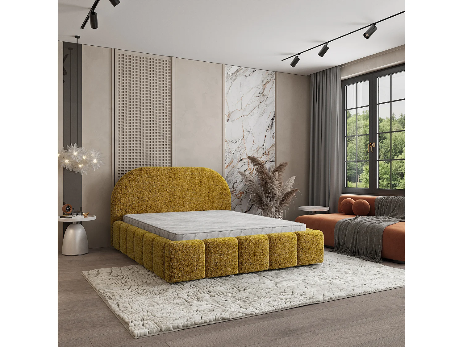 Lit Coffre FLUSSO 120x200 cm - Tissu chenille - Moutarde