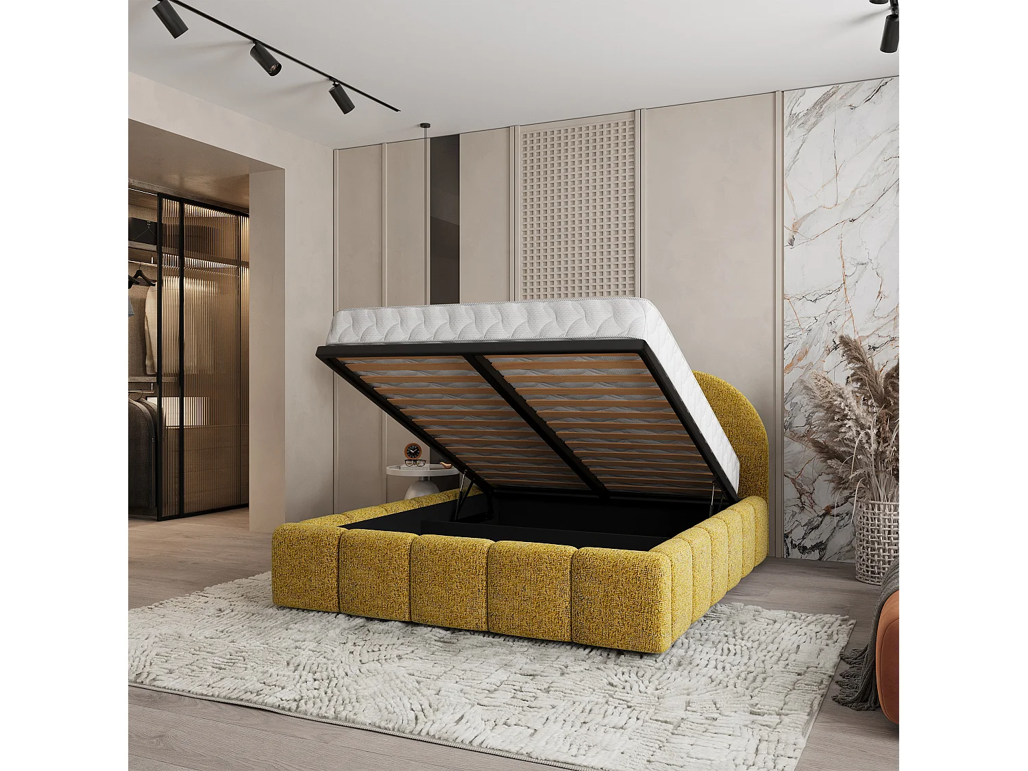 Lit Coffre FLUSSO 120x200 cm - Tissu chenille - Moutarde