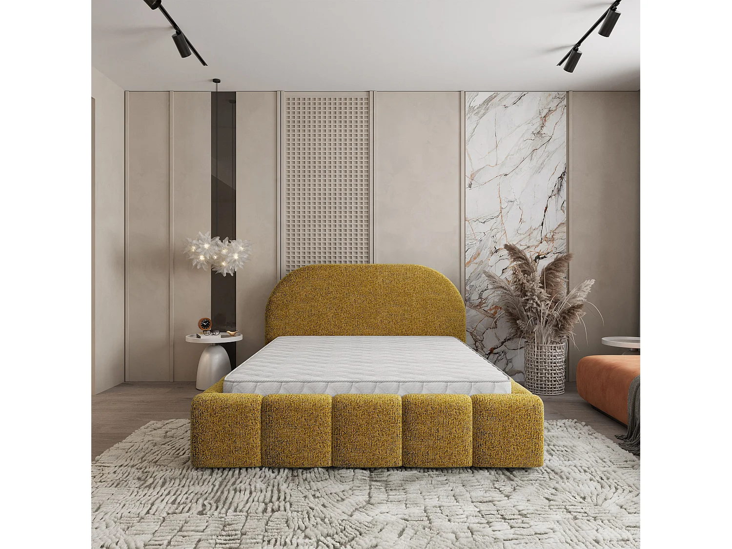 Lit Coffre FLUSSO 120x200 cm - Tissu chenille - Moutarde
