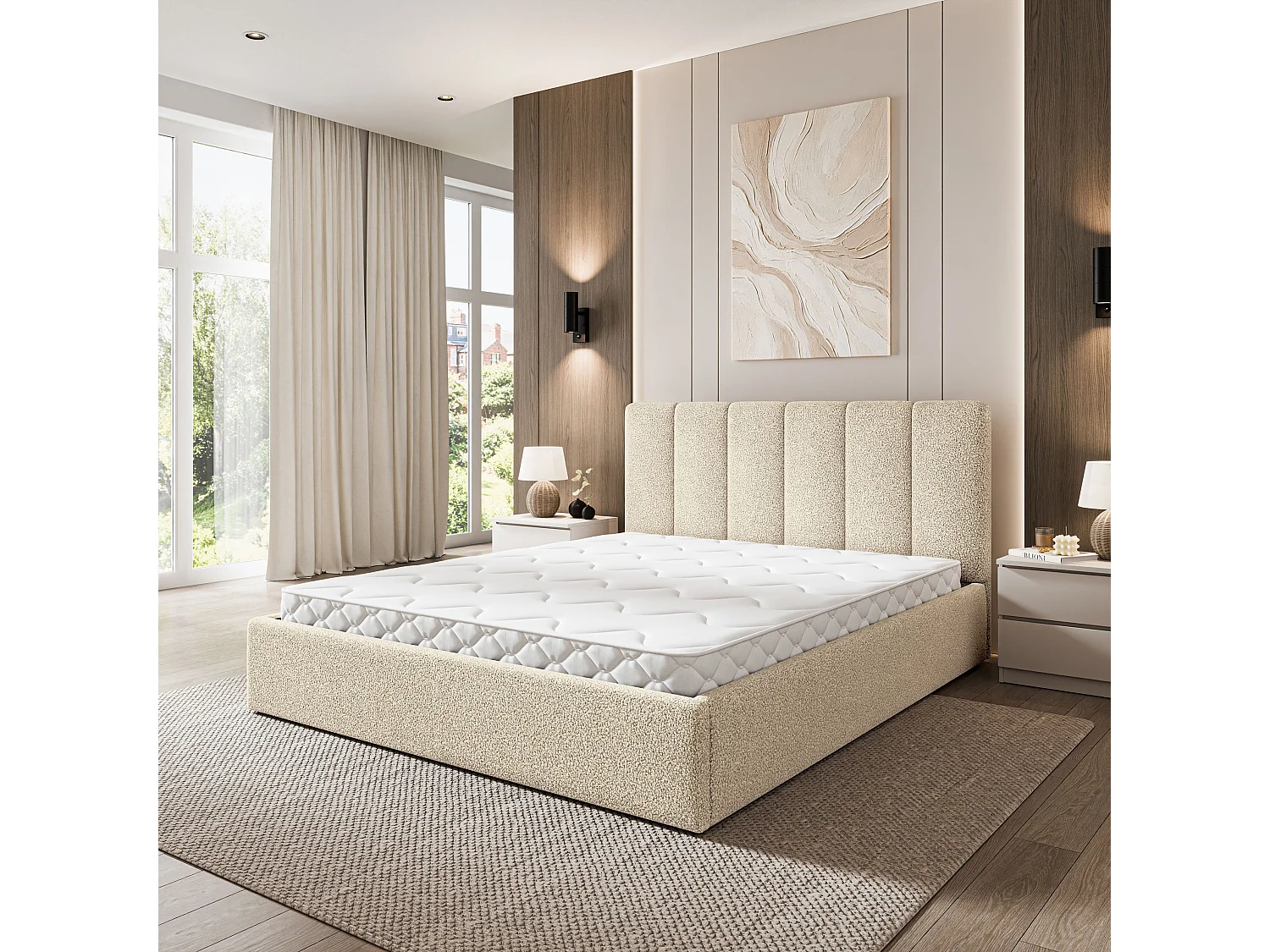 Gestoffeerd bed NEMIS 180x200 cm - Bouclé stof - Crème