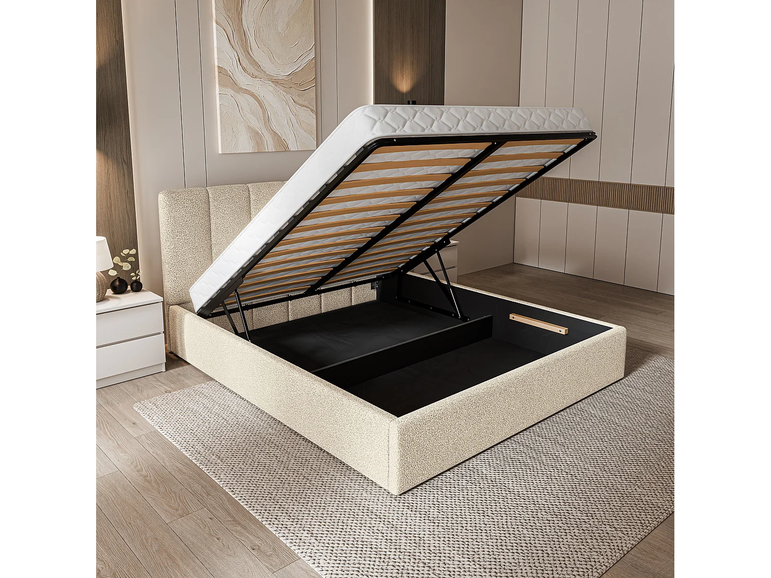 Gestoffeerd bed NEMIS 180x200 cm - Bouclé stof - Crème