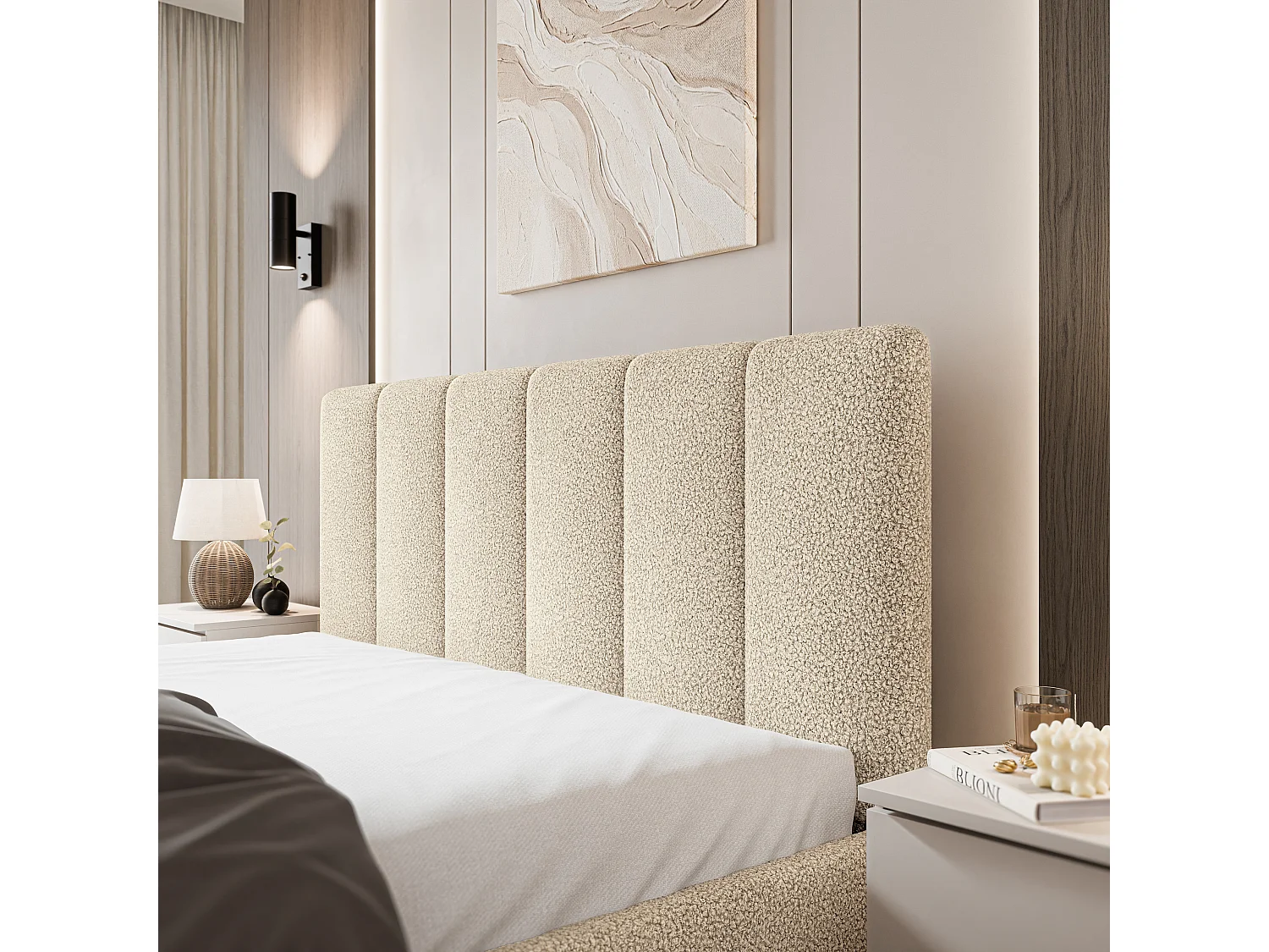 Gestoffeerd bed NEMIS 180x200 cm - Bouclé stof - Crème