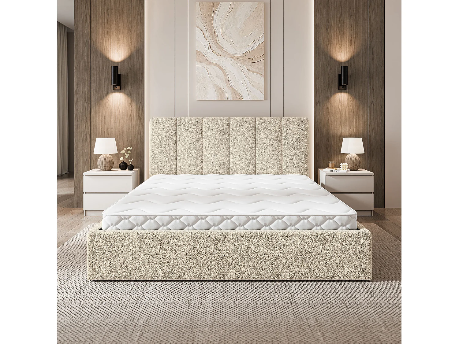 Gestoffeerd bed NEMIS 180x200 cm - Bouclé stof - Crème