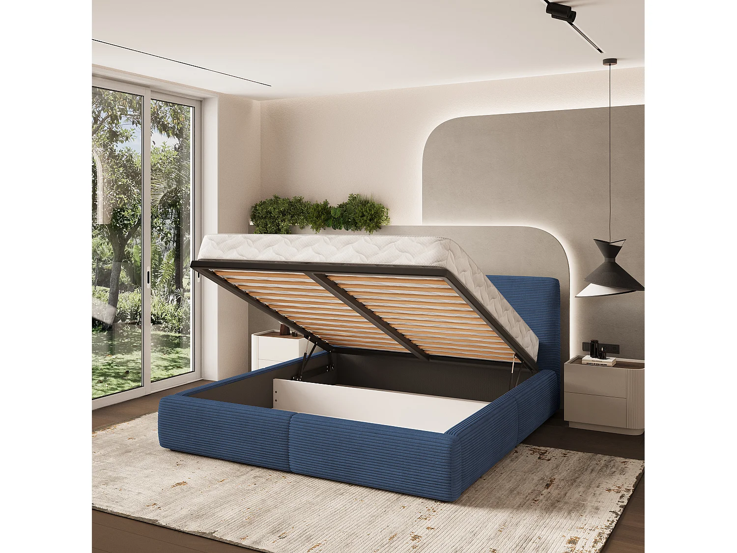 Gestoffeerd bed FELURO 200x200 cm - Corduroy stof - Blauw