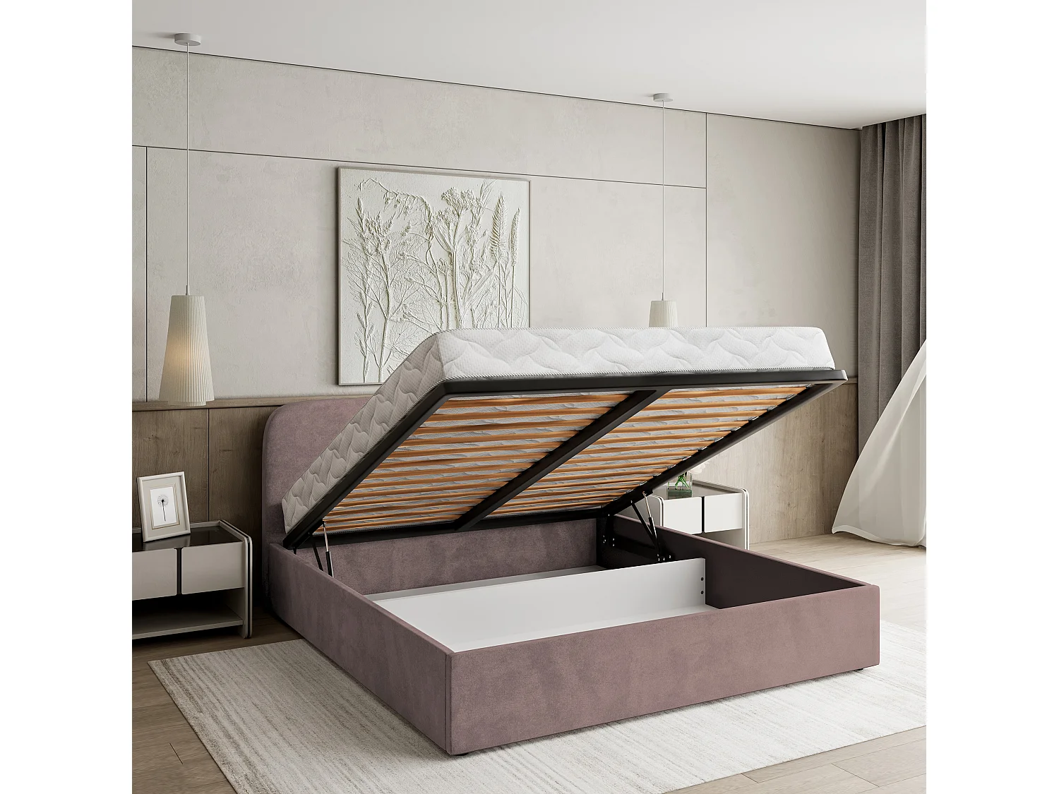 Lit Coffre RENIVE 140x200 cm - Tissu peluche - Rose poudré