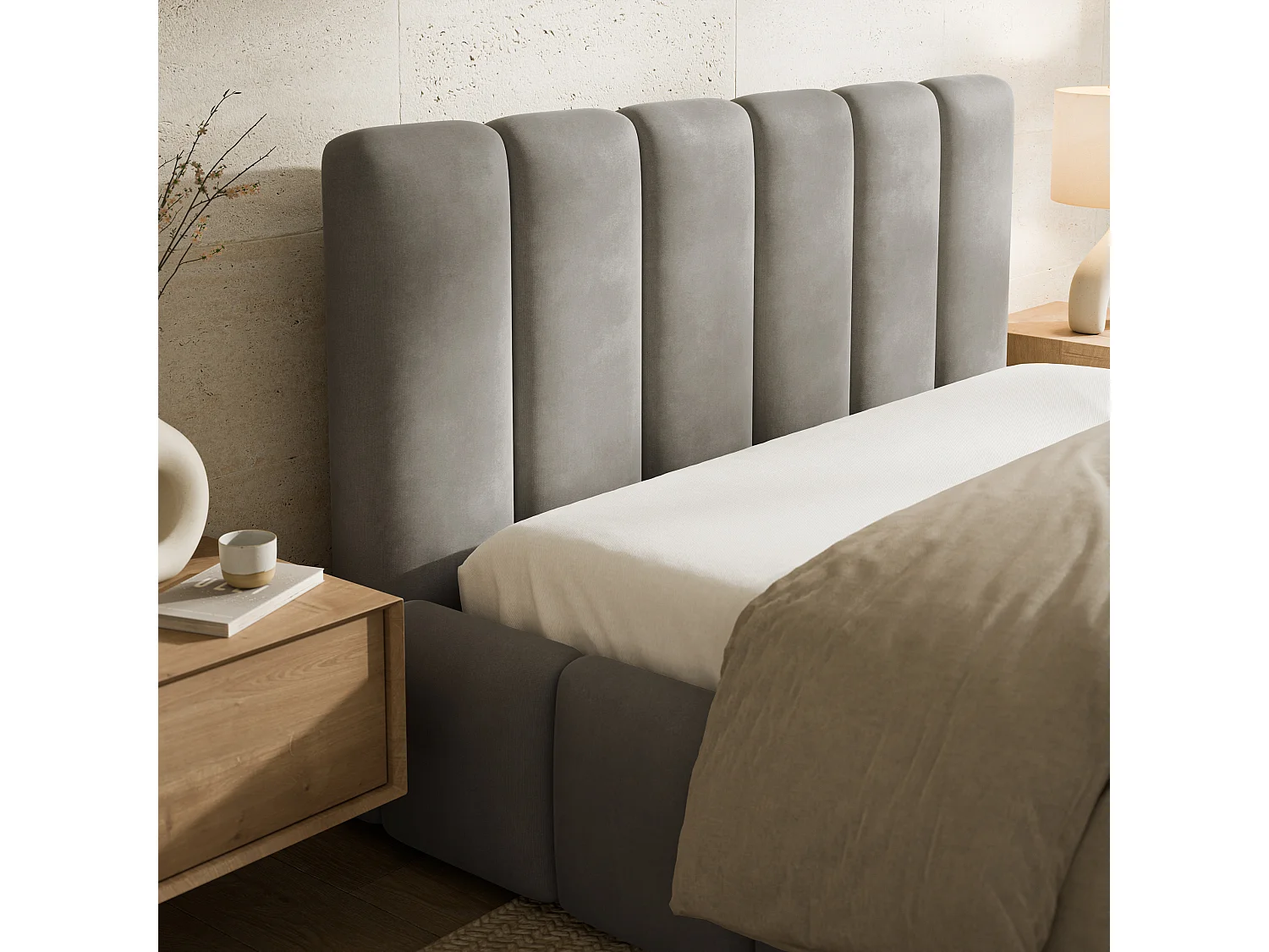 Gestoffeerd bed RANIS 180x200 cm - Fluwelen stof - Grijs