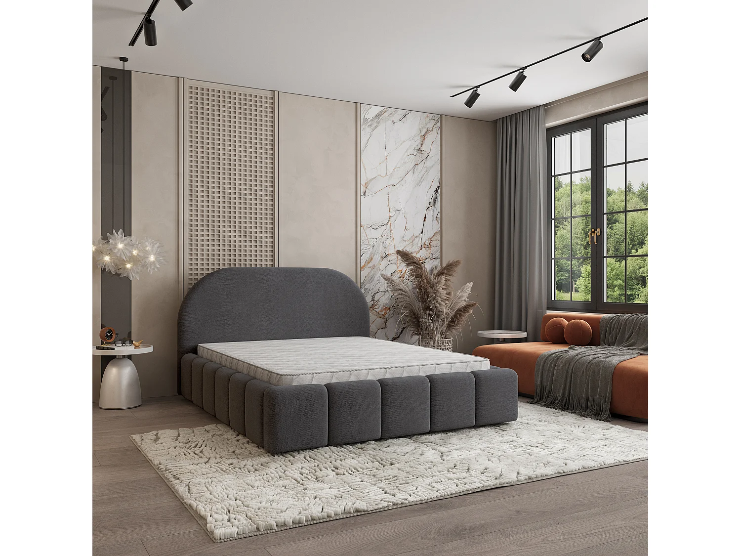 Gestoffeerd bed FLUSSO 140x200 cm - Geweven stof - Antraciet