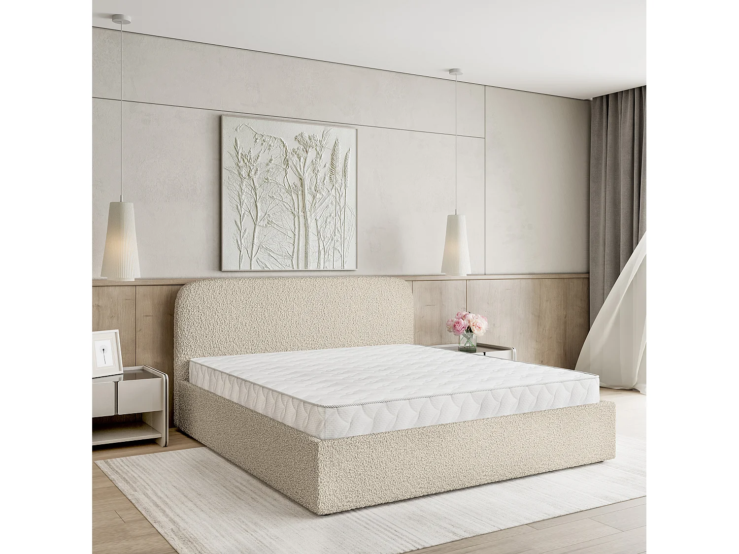 Gestoffeerd bed RENIVE 200x200 cm - Bouclé stof - Beige
