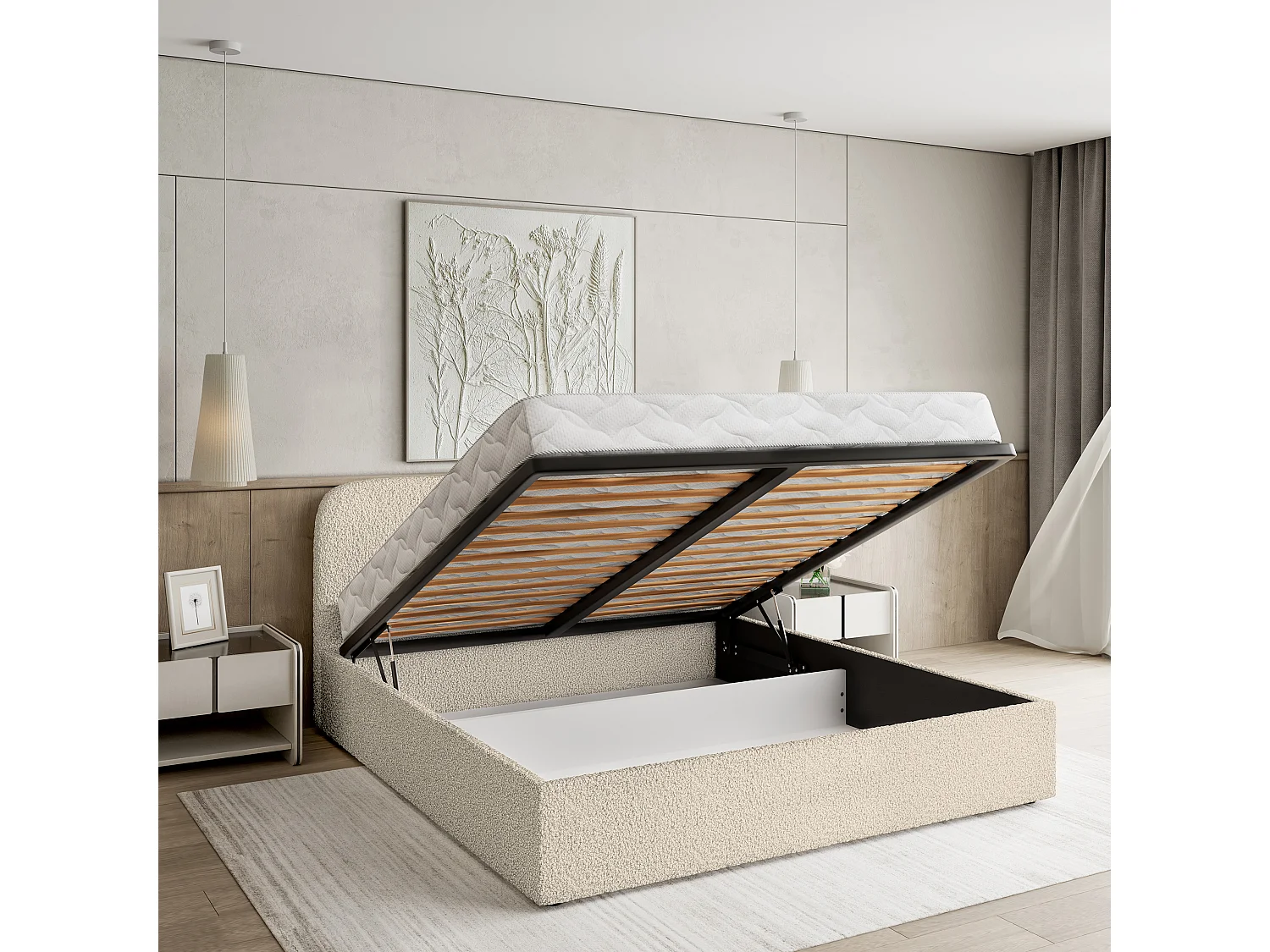 Gestoffeerd bed RENIVE 200x200 cm - Bouclé stof - Beige