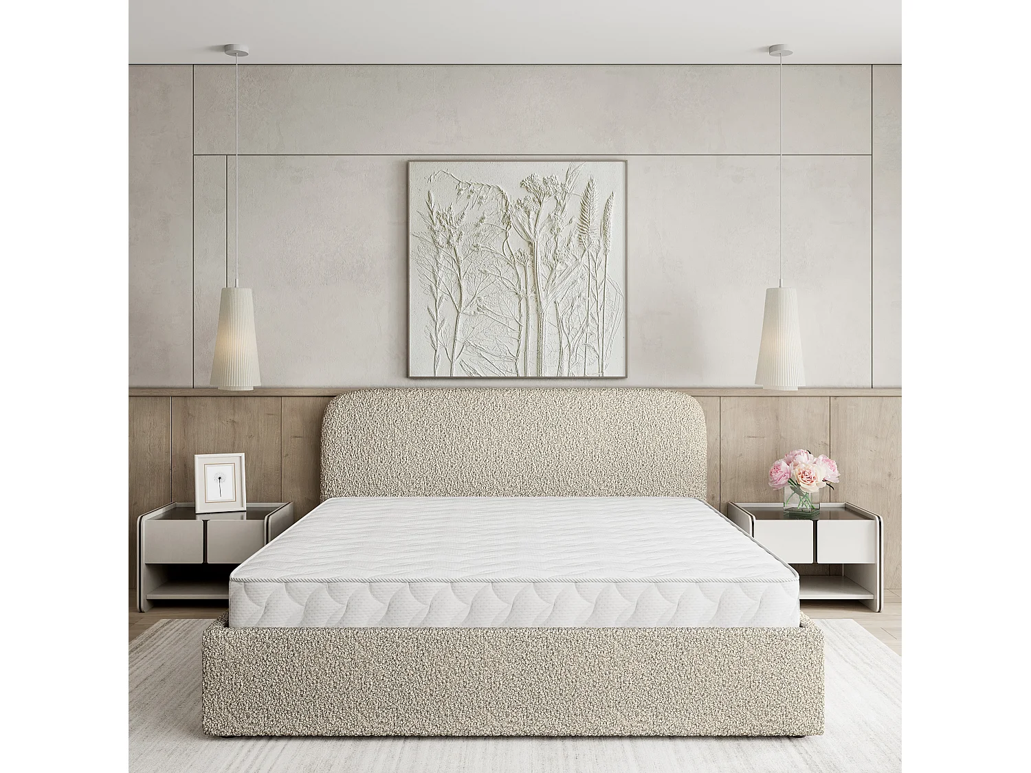 Gestoffeerd bed RENIVE 200x200 cm - Bouclé stof - Beige