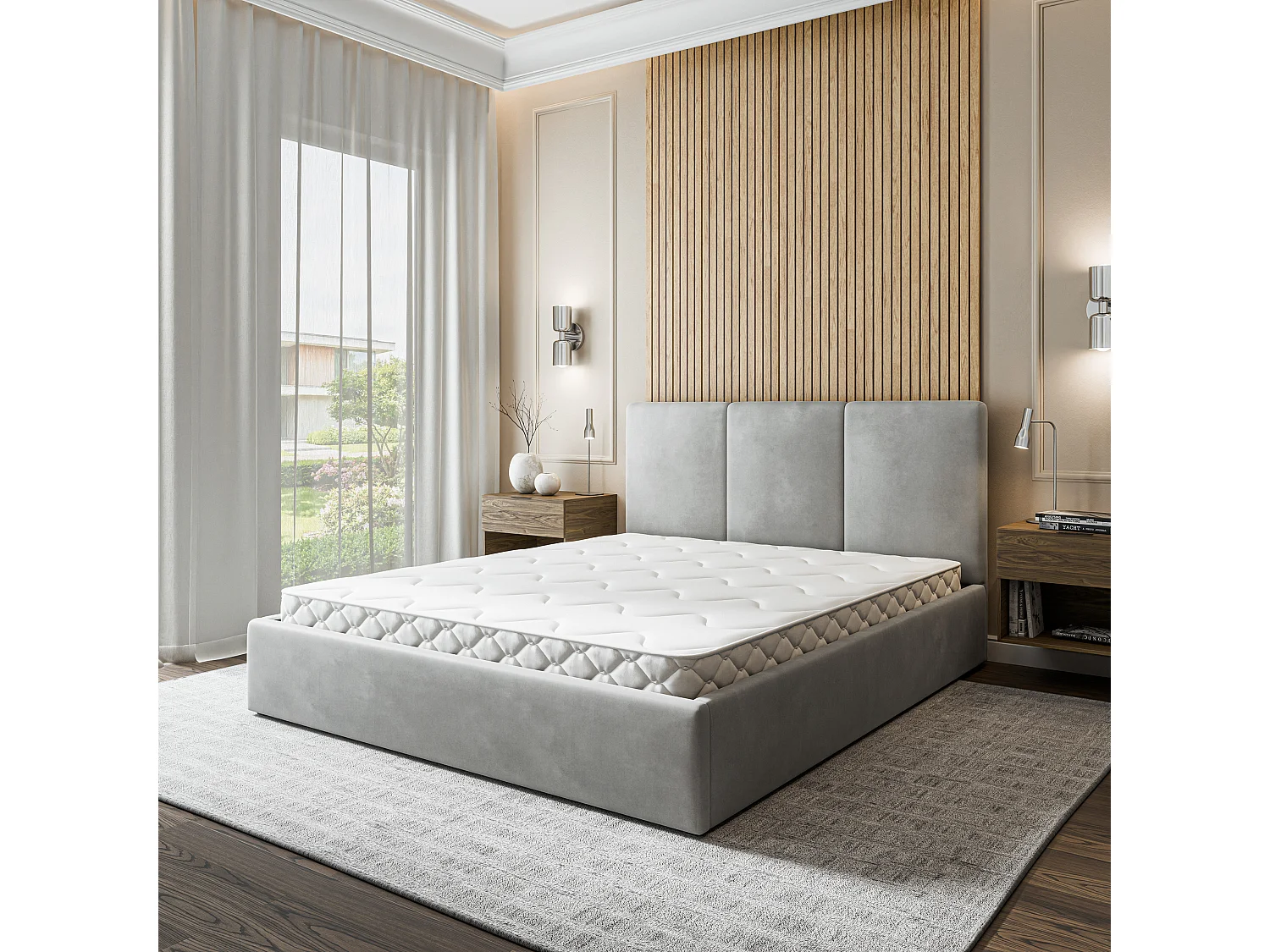Gestoffeerd bed AZURI 180x200 cm - Fluwelen stof - Lichtgrijs